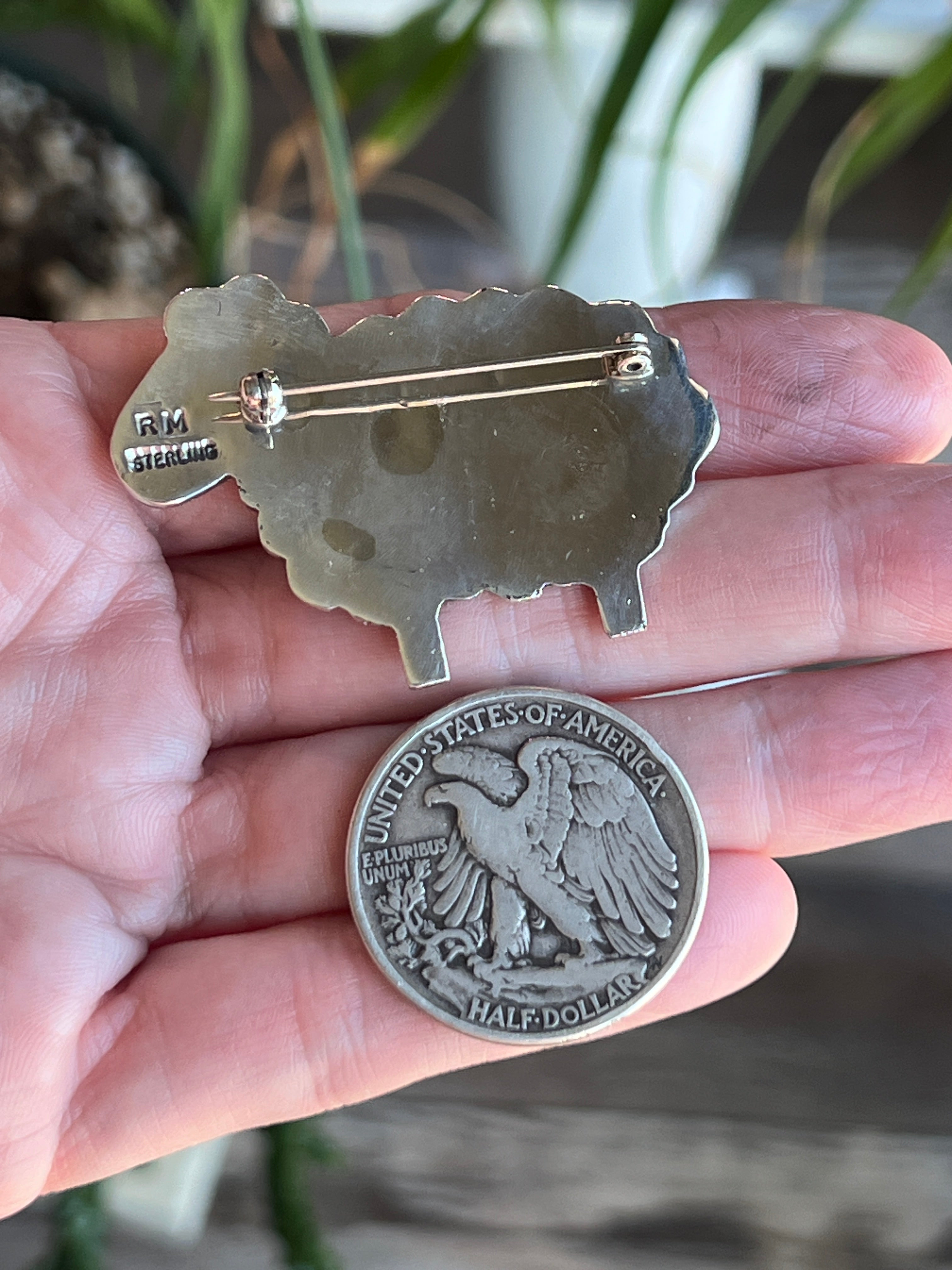 Hand Stamped Sterling Silver and Turquoise Sheep Brooch by Robby Manuelito