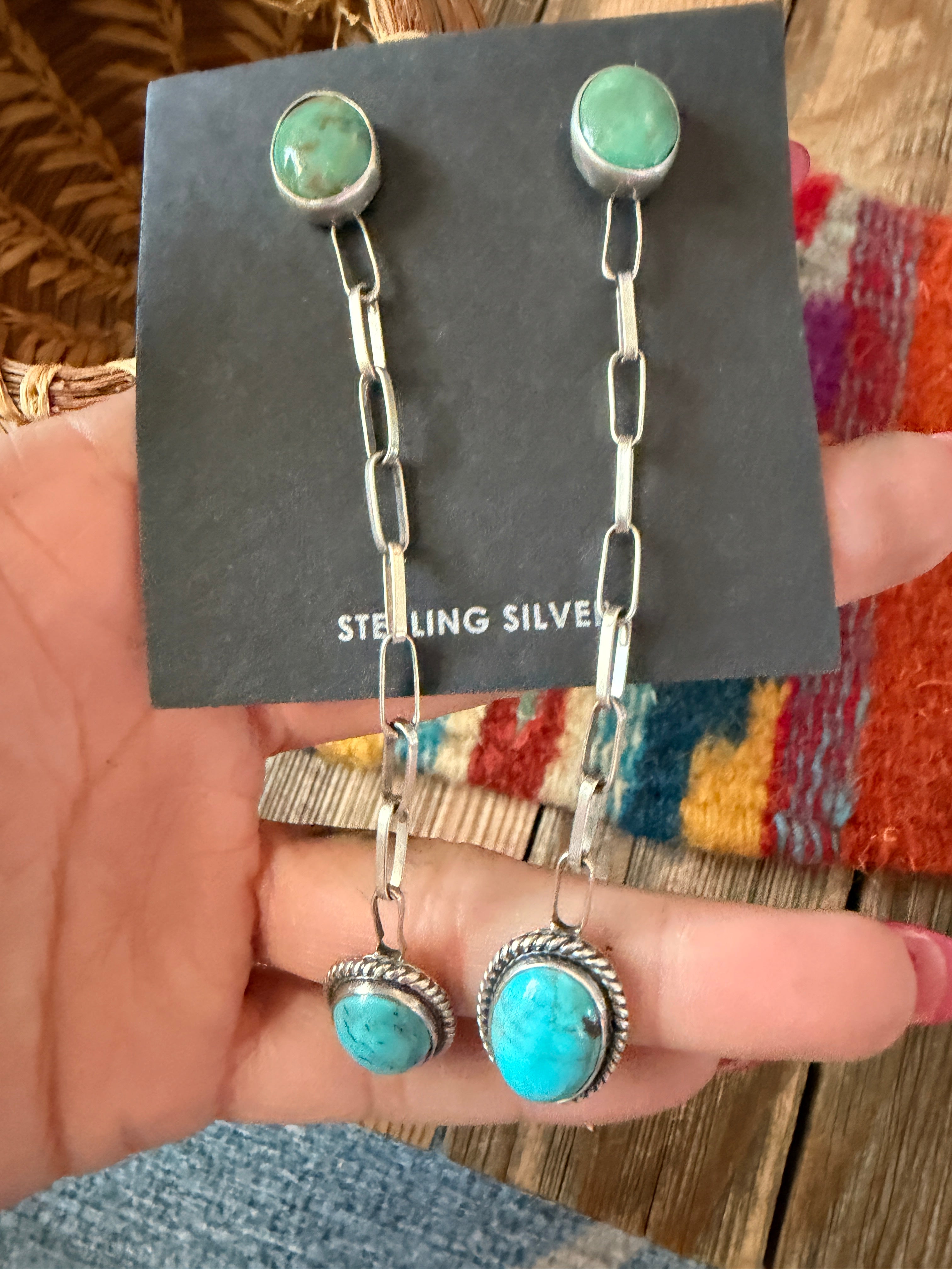 Handcrafted Turquoise & Sterling Silver Chain Dangle Earrings
