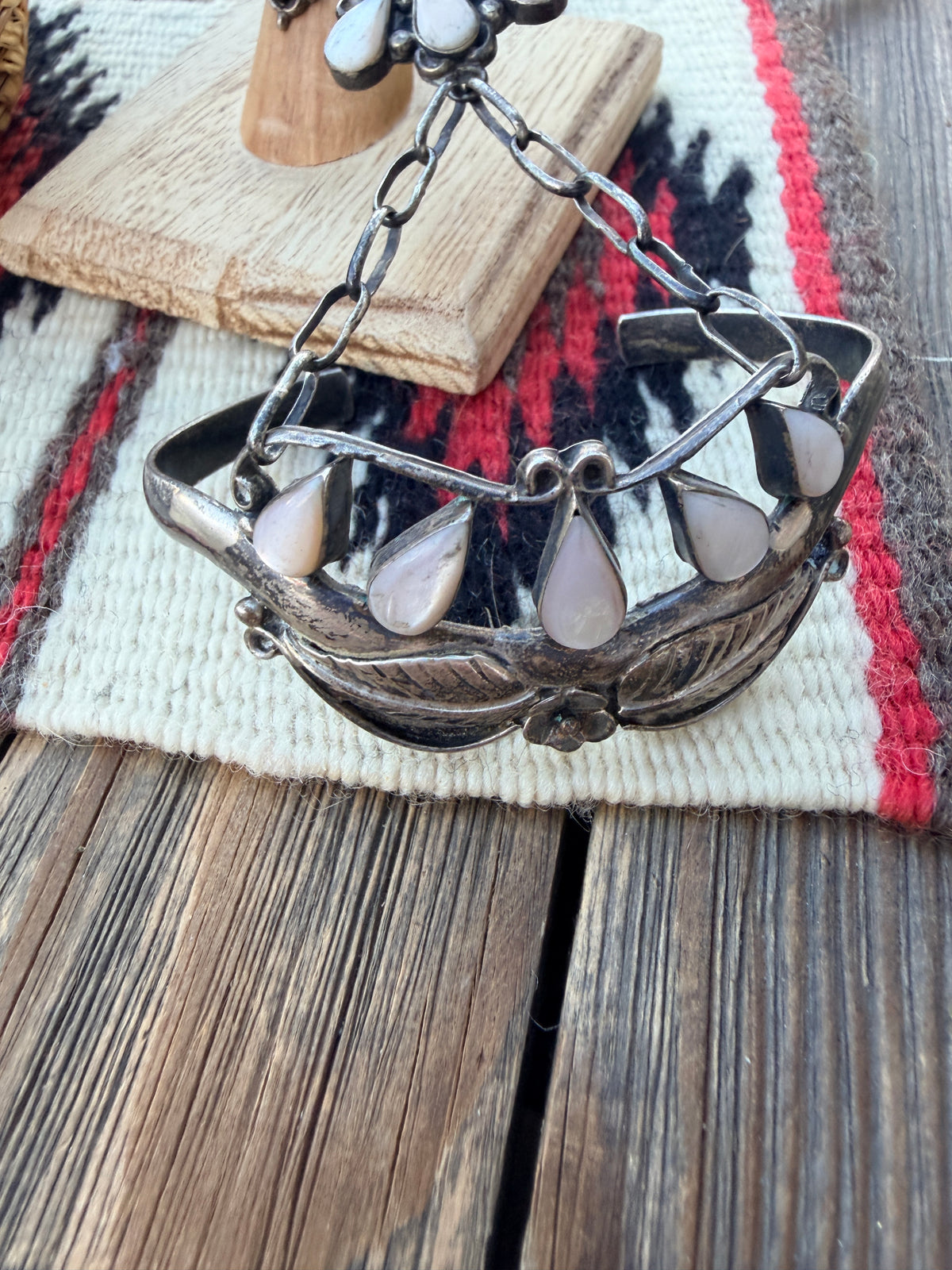 Handcrafted Old Pawn Mother of Pearl & Sterling Silver Cuff Bracelet with Hand Chain