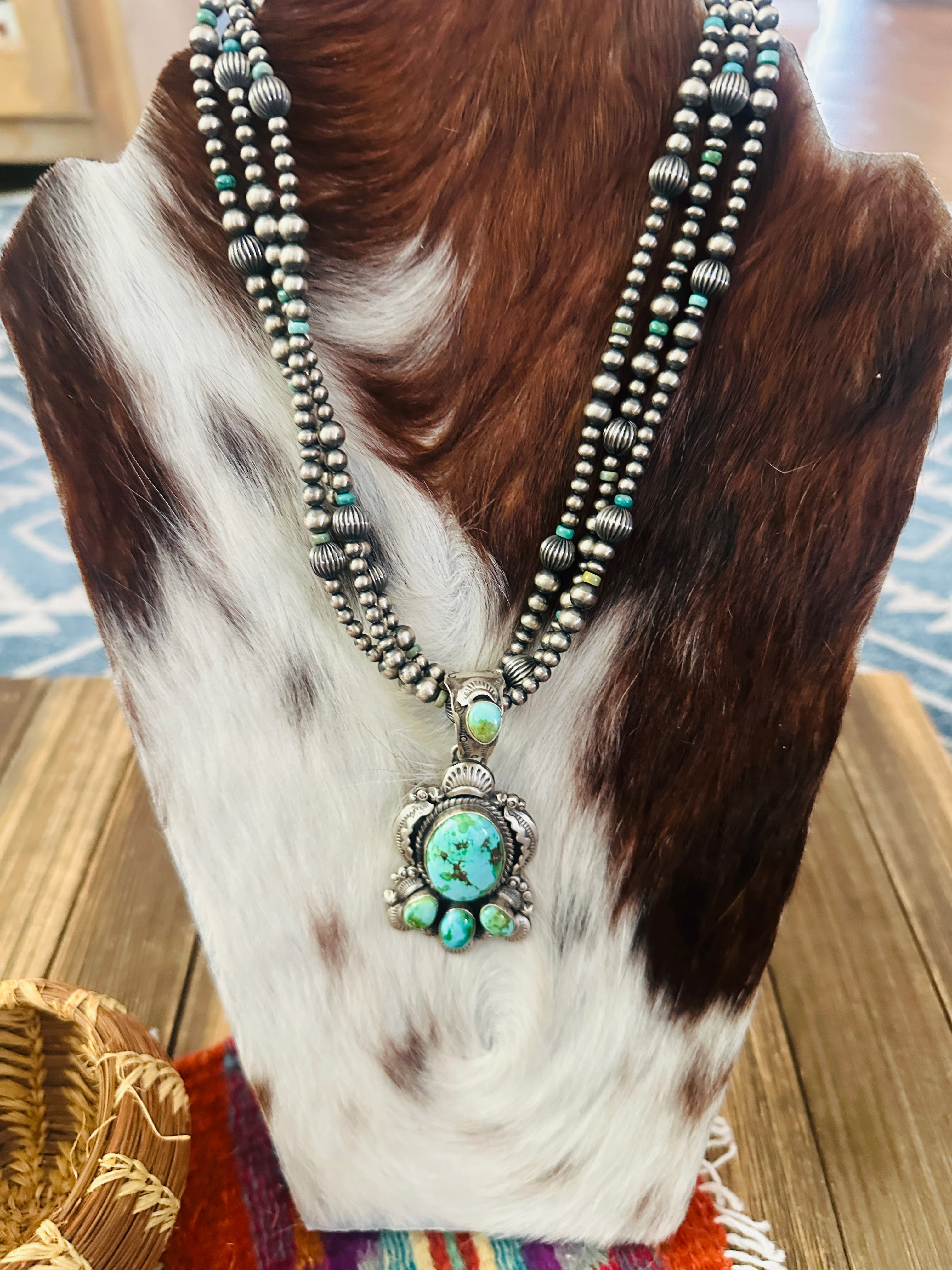 Handcrafted Sonoran Mountain Turquoise & Sterling Silver Beaded Necklace by Gilbert Tom