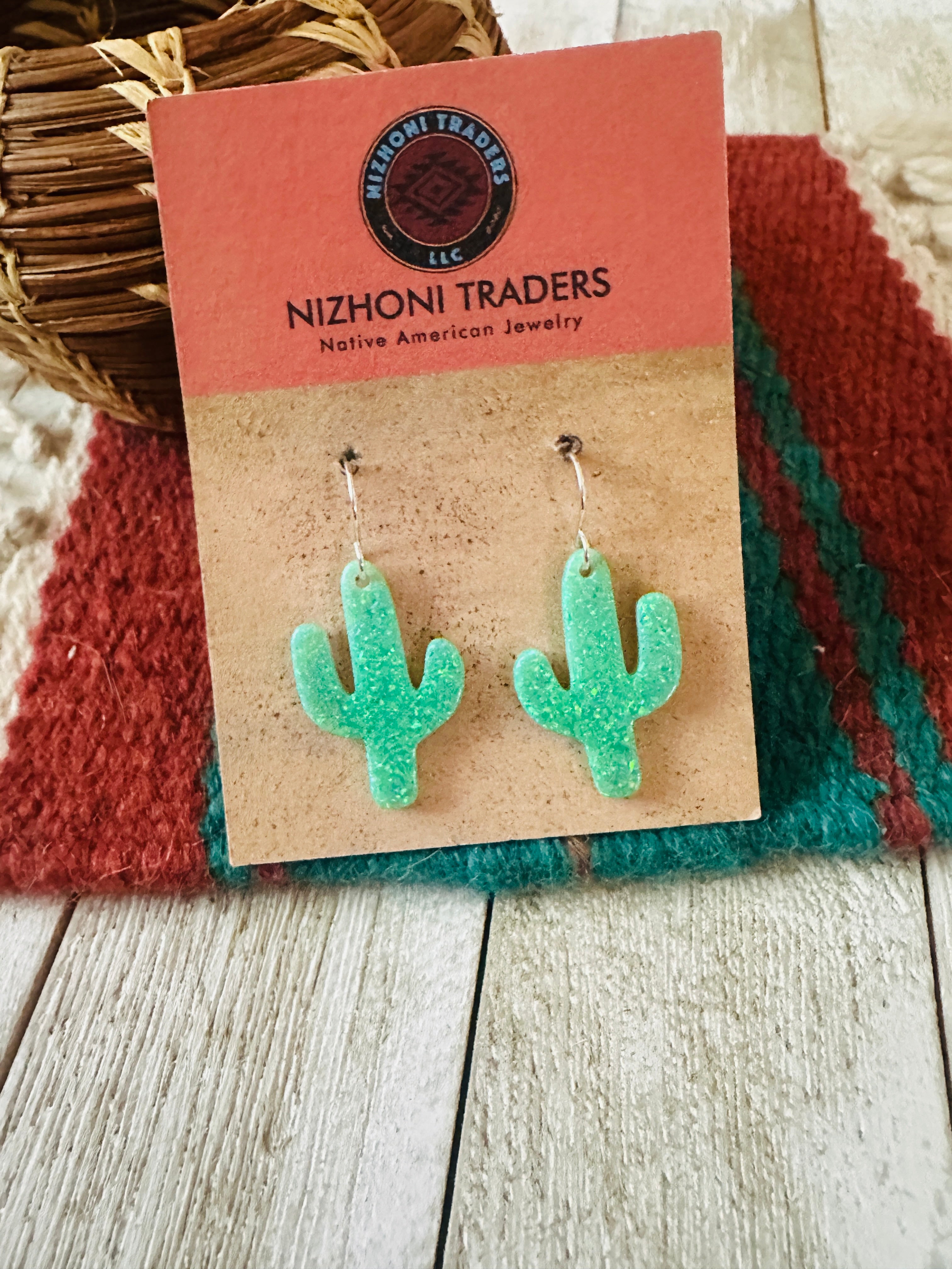 Handcrafted Sterling Silver & Opal Cactus Dangle Earrings