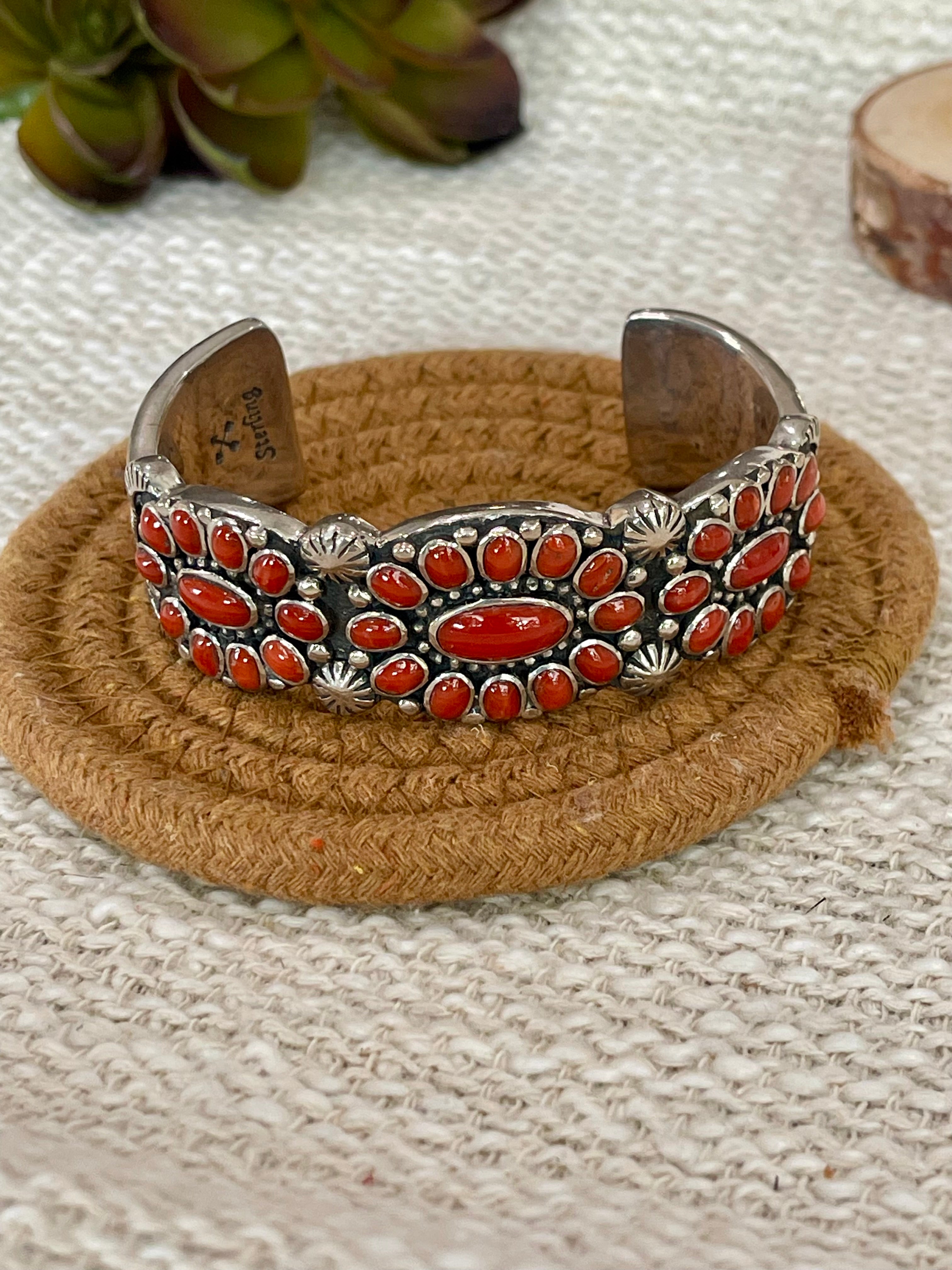 Handmade Coral & Sterling Silver Cluster Cuff Bracelet /