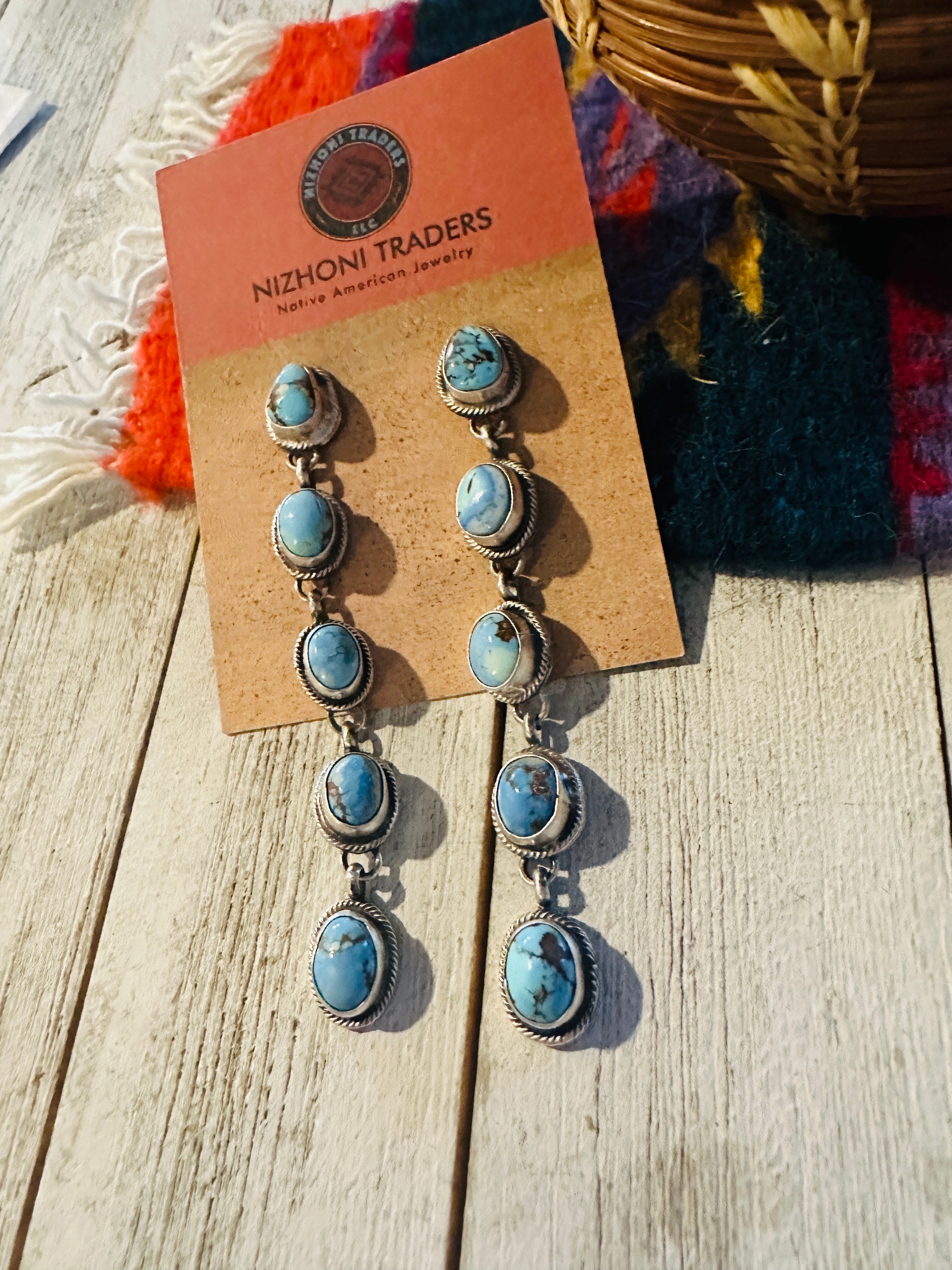 Navajo Golden Hills Turquoise & Sterling Silver Cluster Dangle Earrings Signed