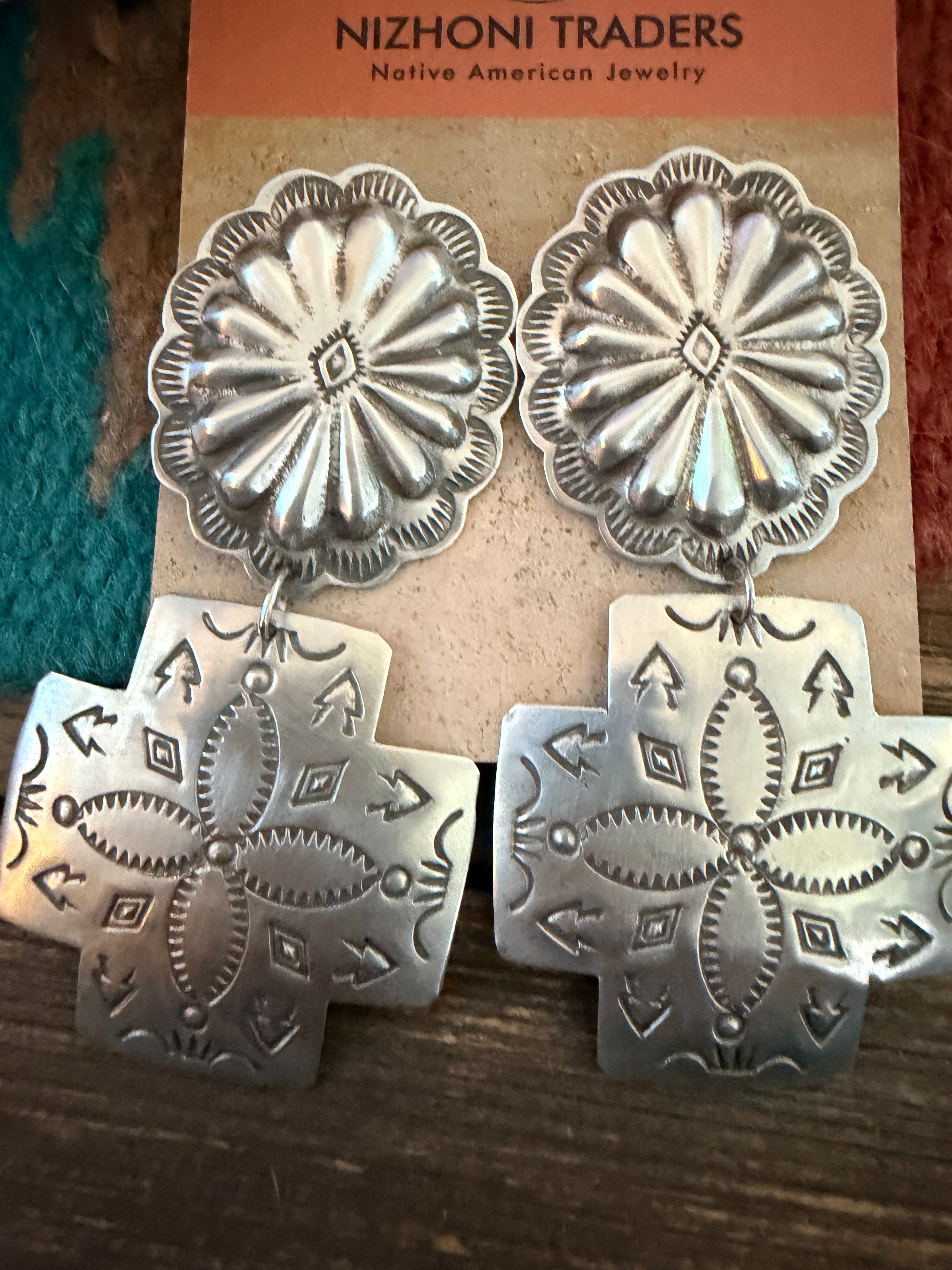 Handcrafted Sterling Silver Concho Cross Dangle Earrings
