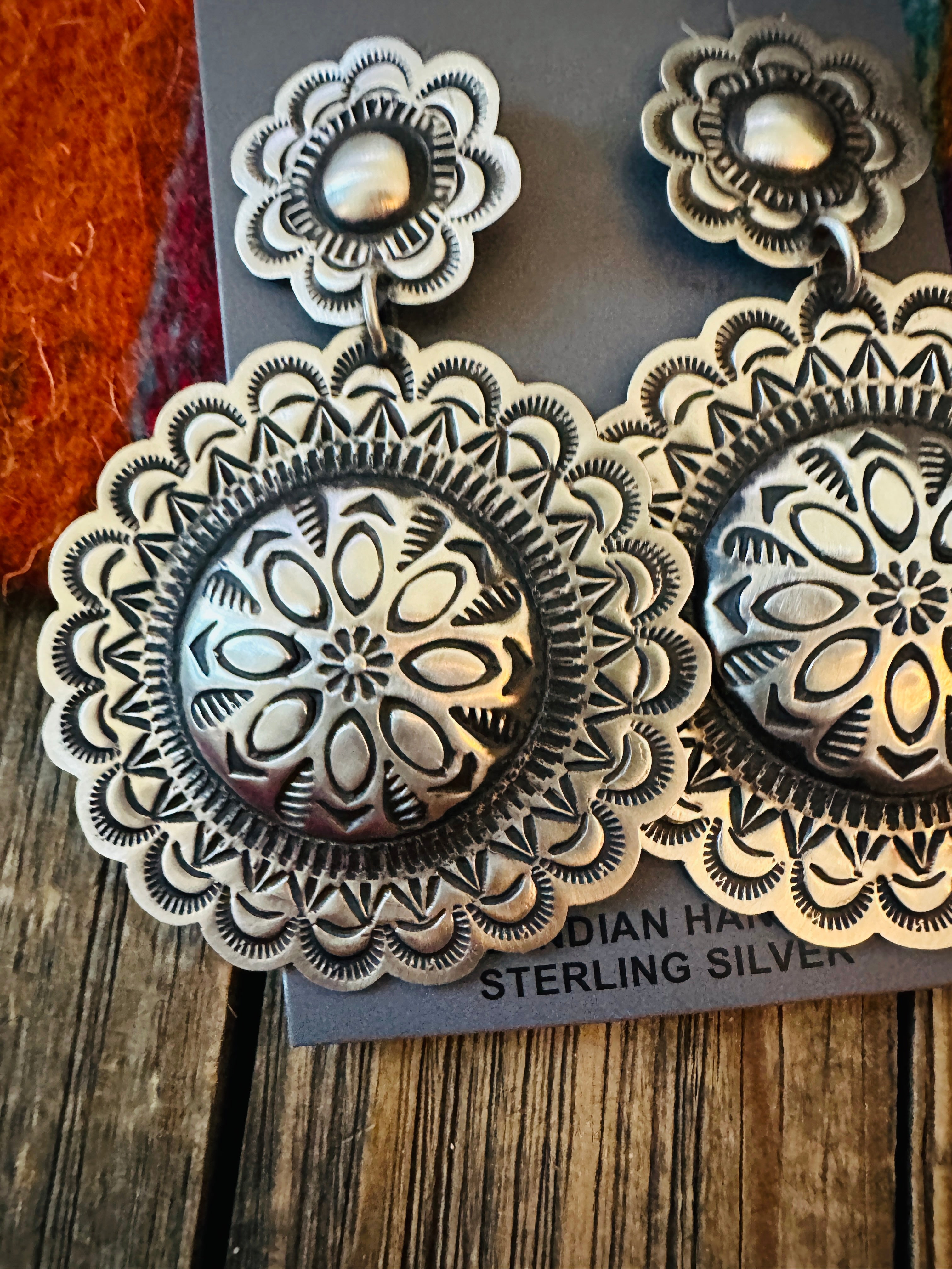 Handcrafted Sterling Silver Concho Dangle Earrings by Leander Tahe