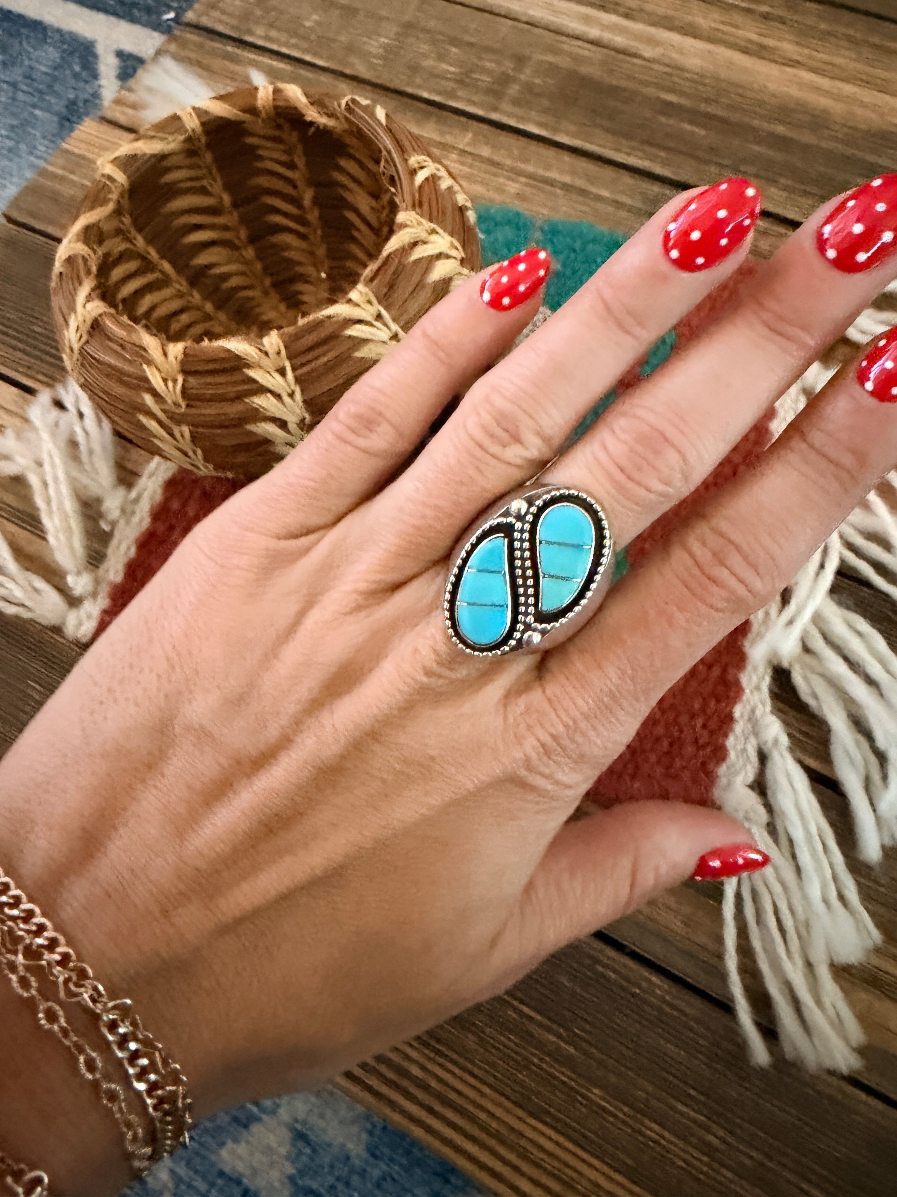 Old Pawn Handcrafted Turquoise & Sterling Silver Inlay Cigar Band Ring Size 10