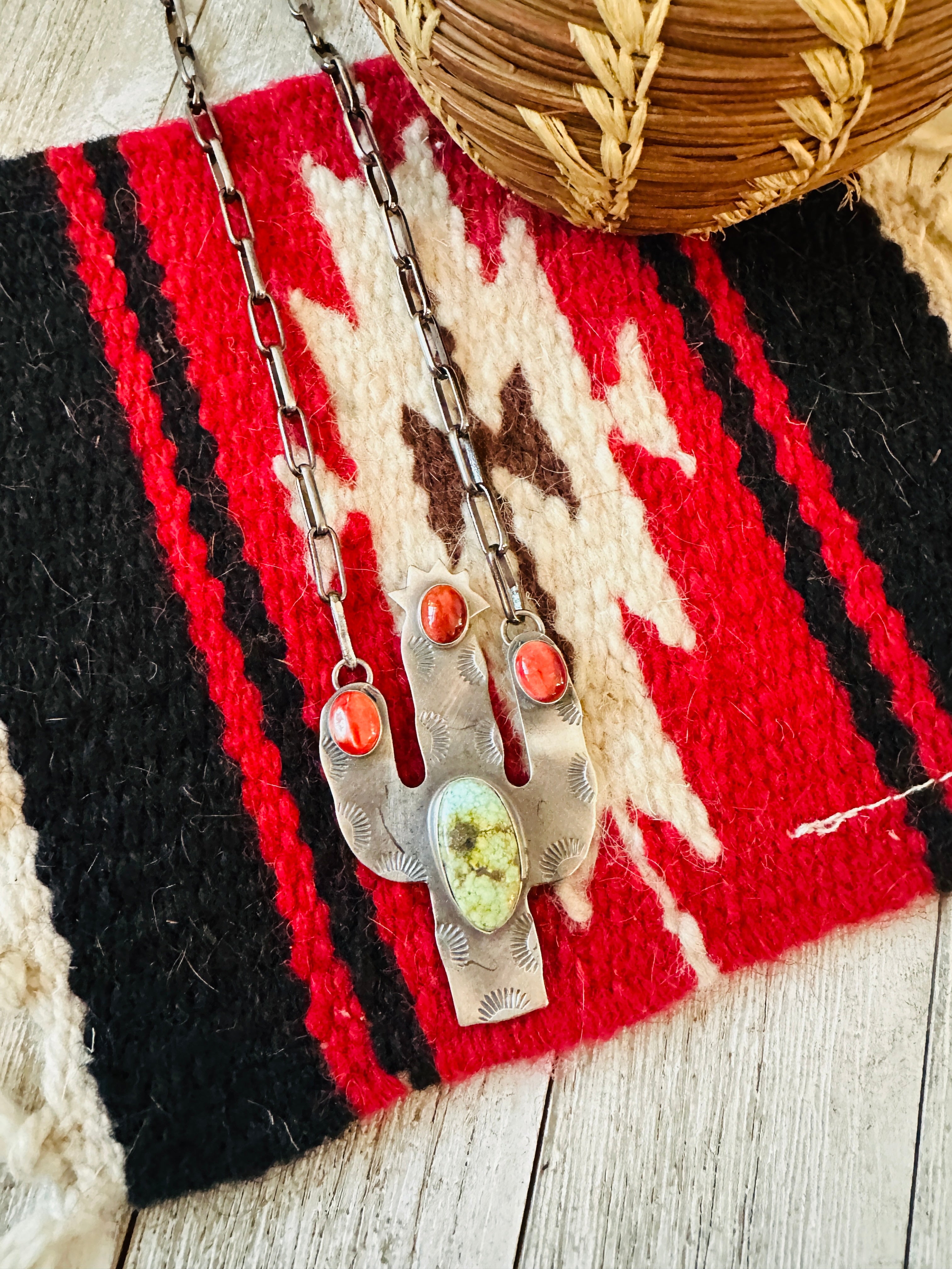 Handcrafted Sterling Silver, Turquoise & Spiny Cactus Necklace