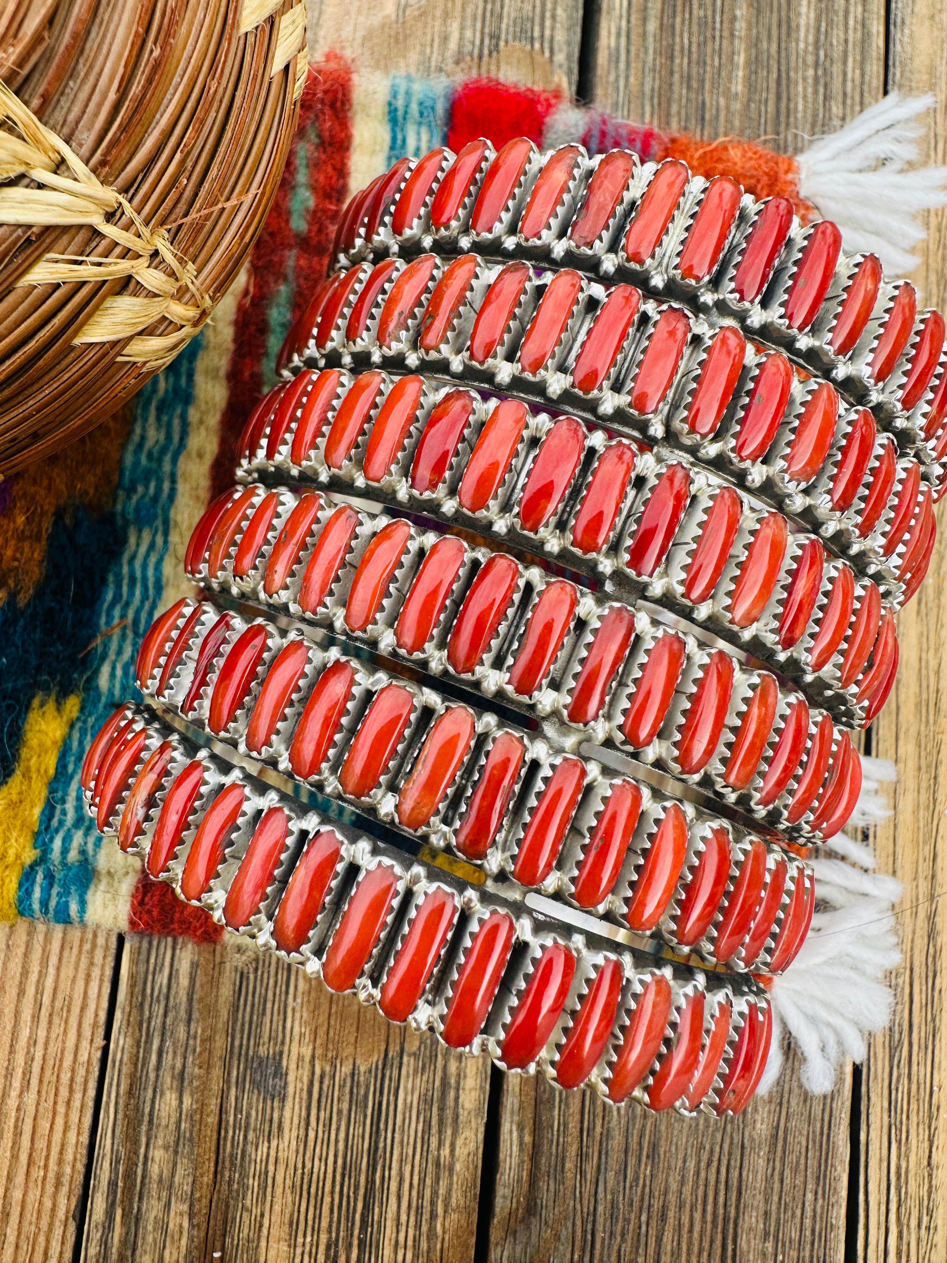 Handcrafted Coral & Sterling Silver Cluster Cuff Bracelet