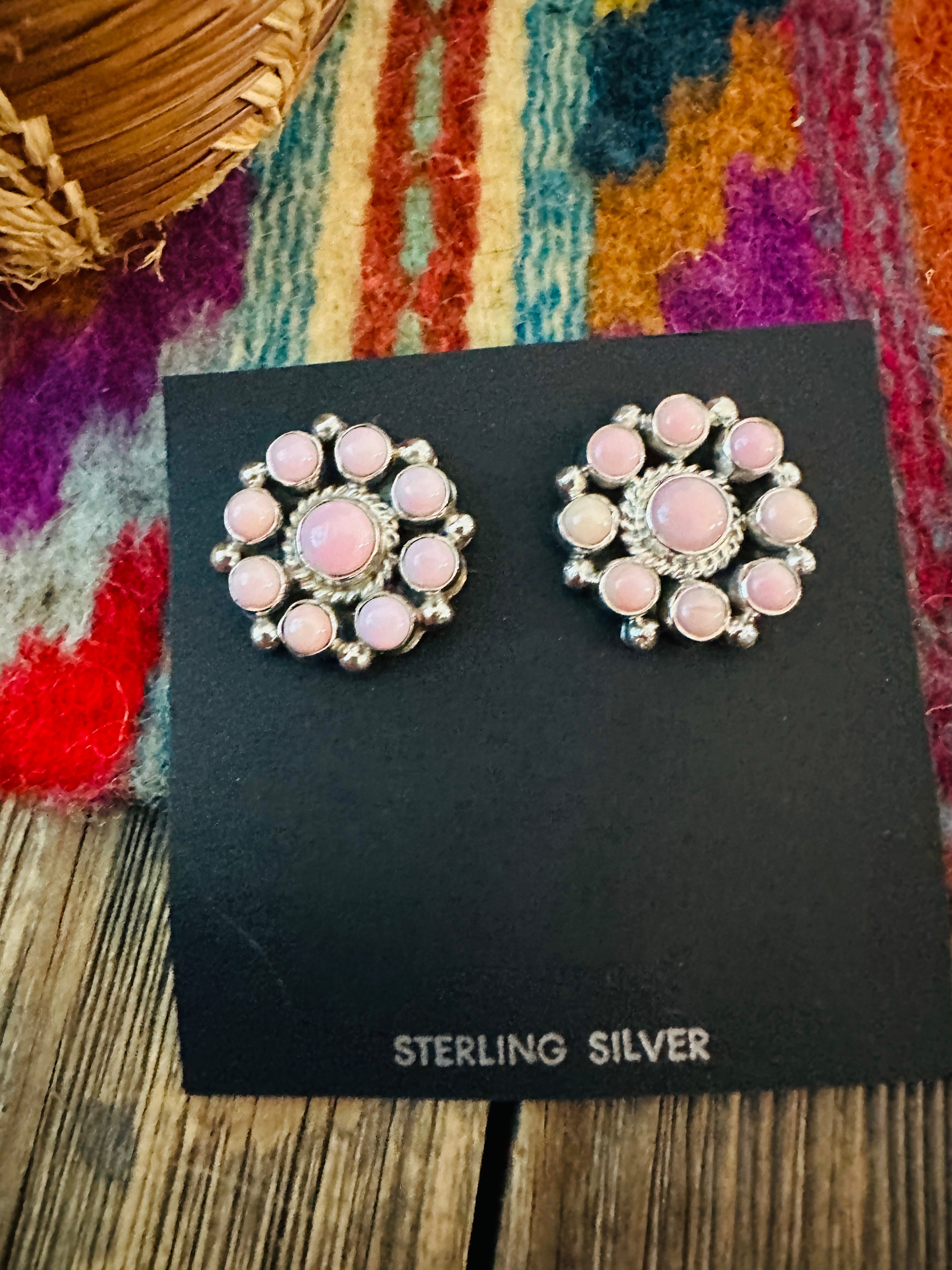 Handcrafted Queen Pink Conch & Sterling Silver Cluster Post Earrings by Debra Smith