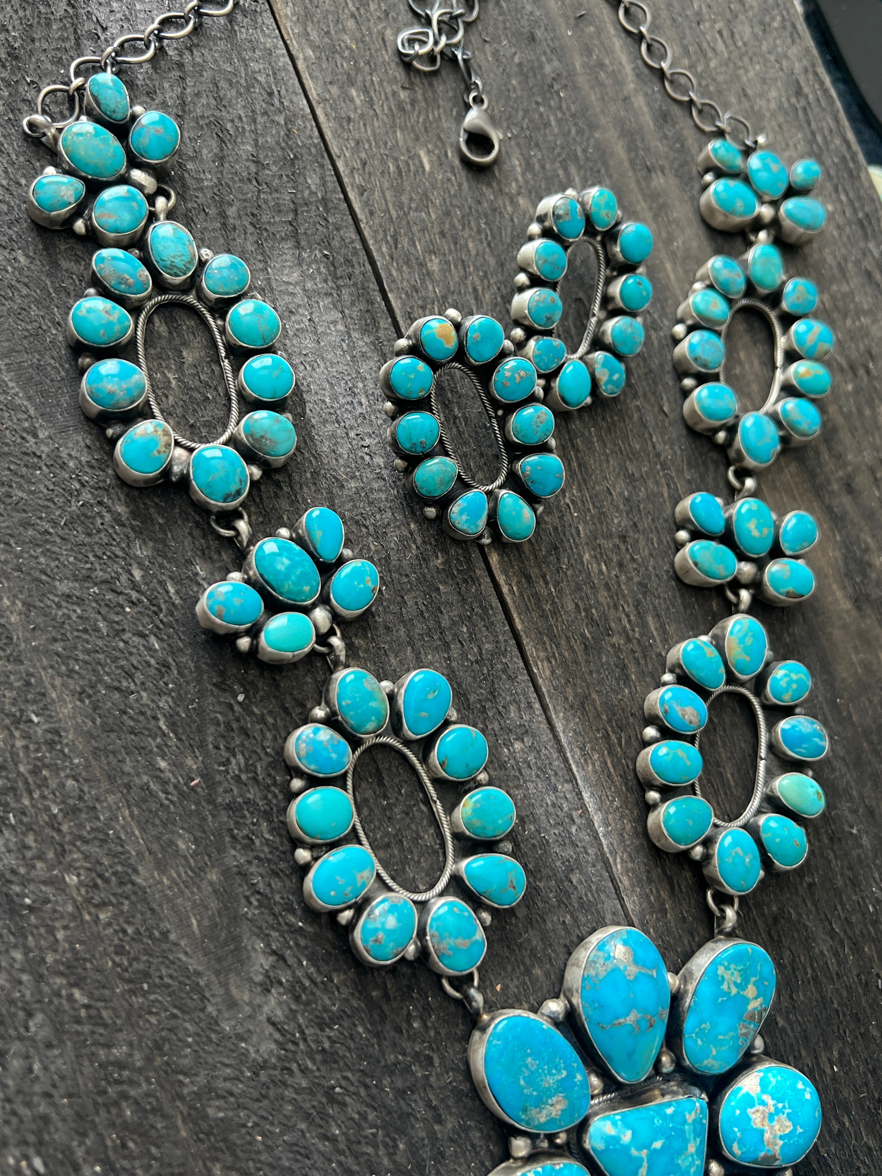 Handcrafted Sterling Silver and Whitewater Campitos Turquoise Cluster Necklace and Earring Set by Sheila Becenti