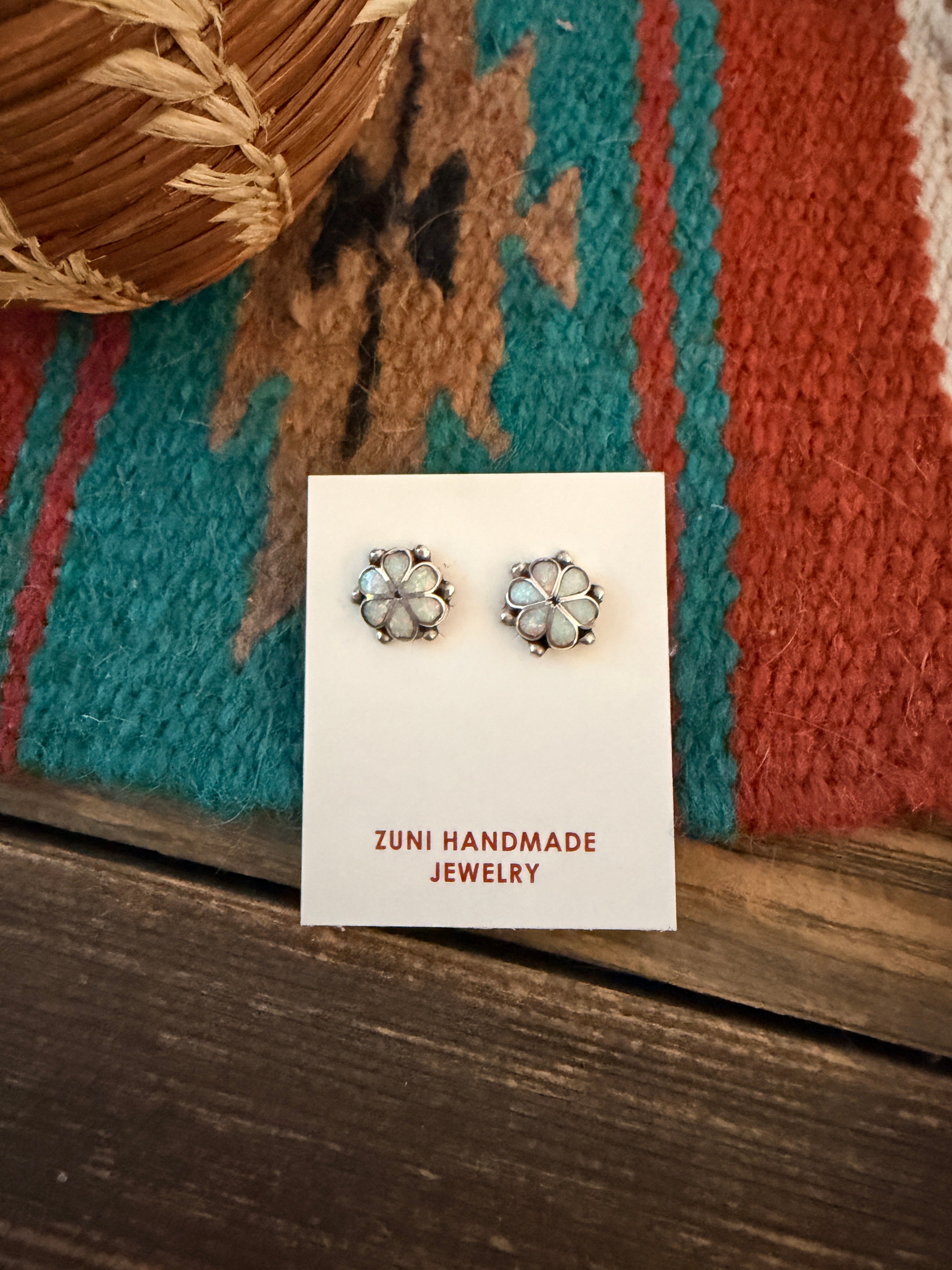 Handcrafted Sterling Silver & White Opal Flower Stud Earrings