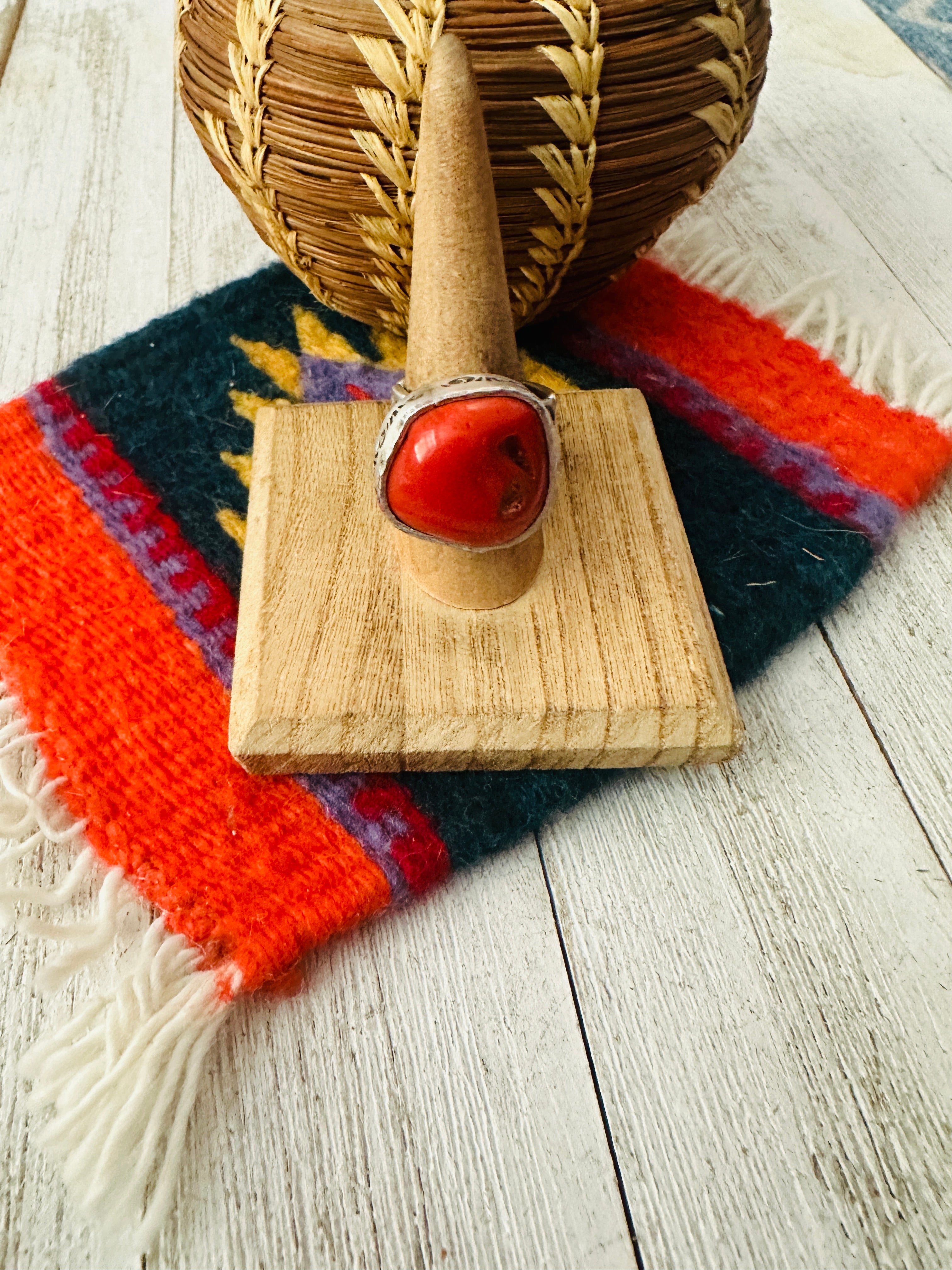 Handcrafted Coral & Sterling Silver Adjustable Ring by Russell Sam