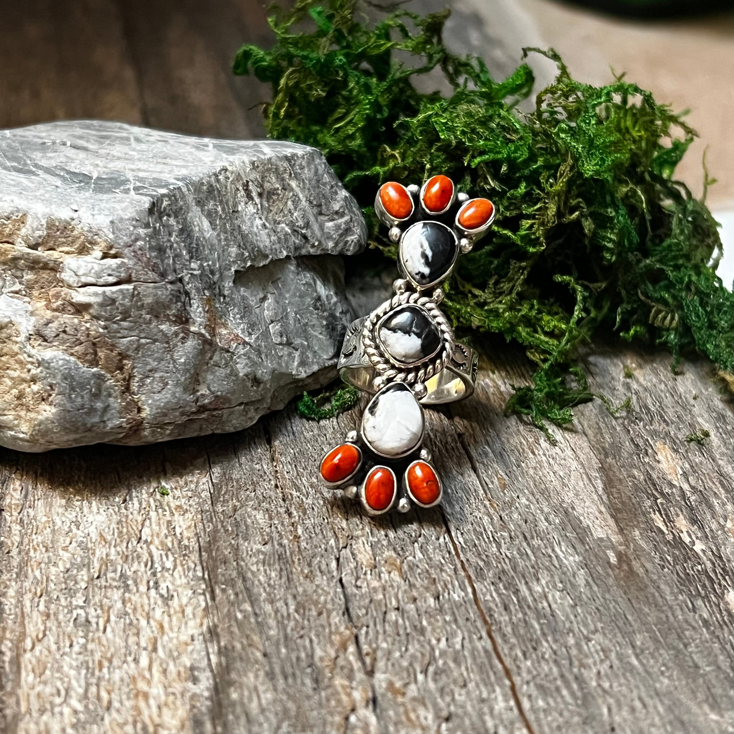 Handmade Coral & White Buffalo Sterling Silver Cluster Ring