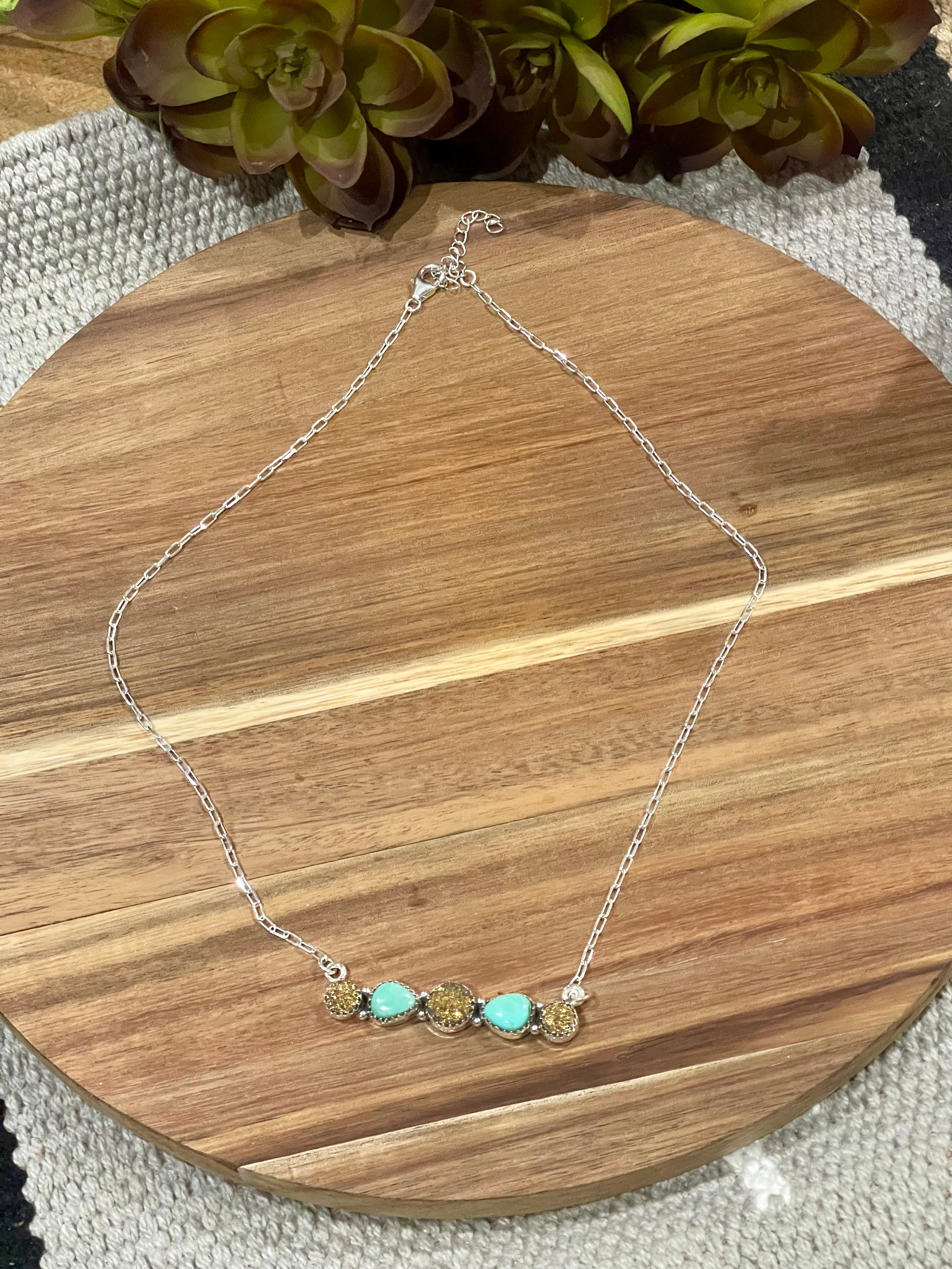 Beautiful Handmade Sterling Silver , Turquoise & Druzy Bar Necklace