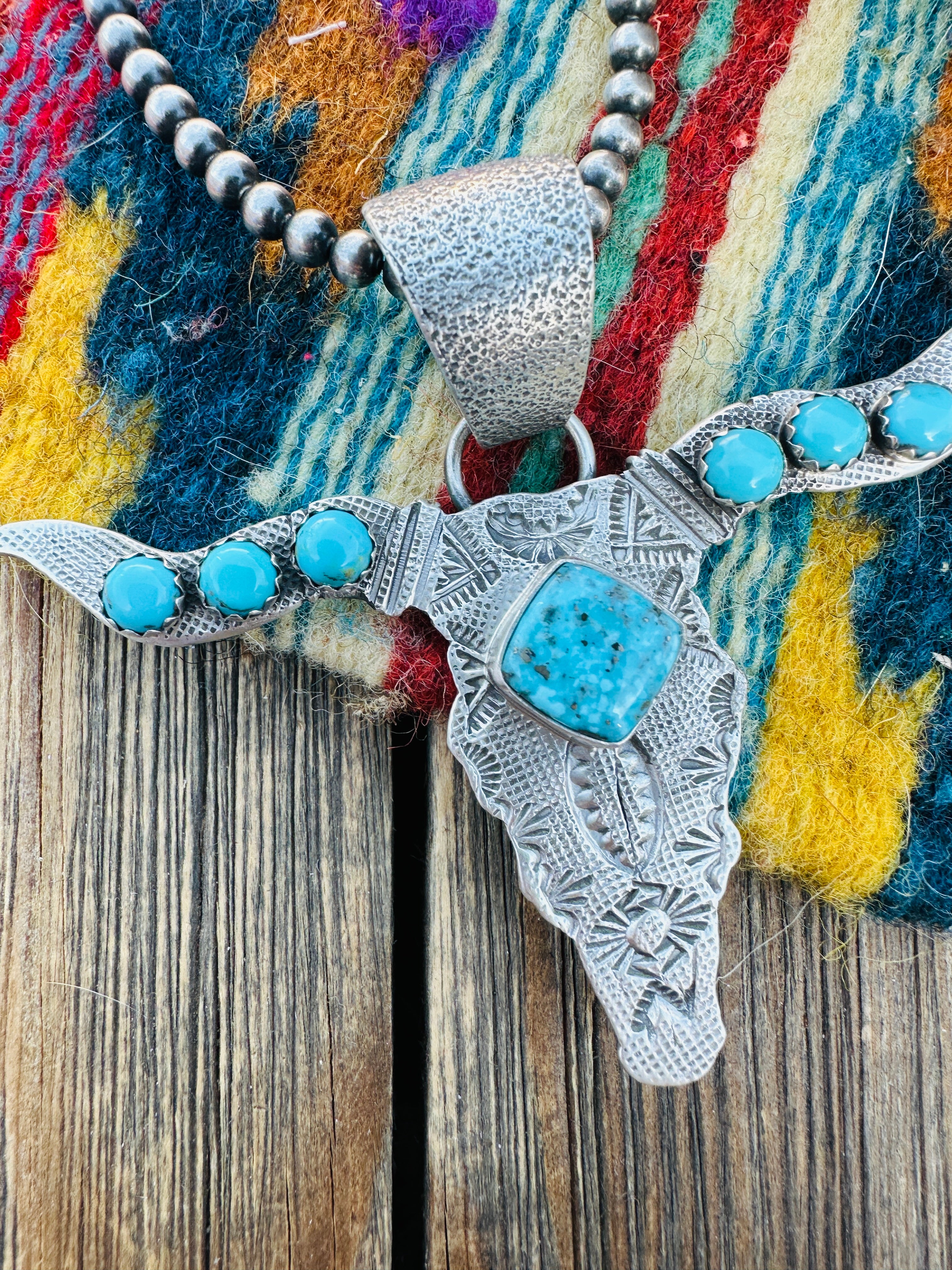 Handcrafted Sterling Silver & Turquoise Bullhead Pendant by Leroy James