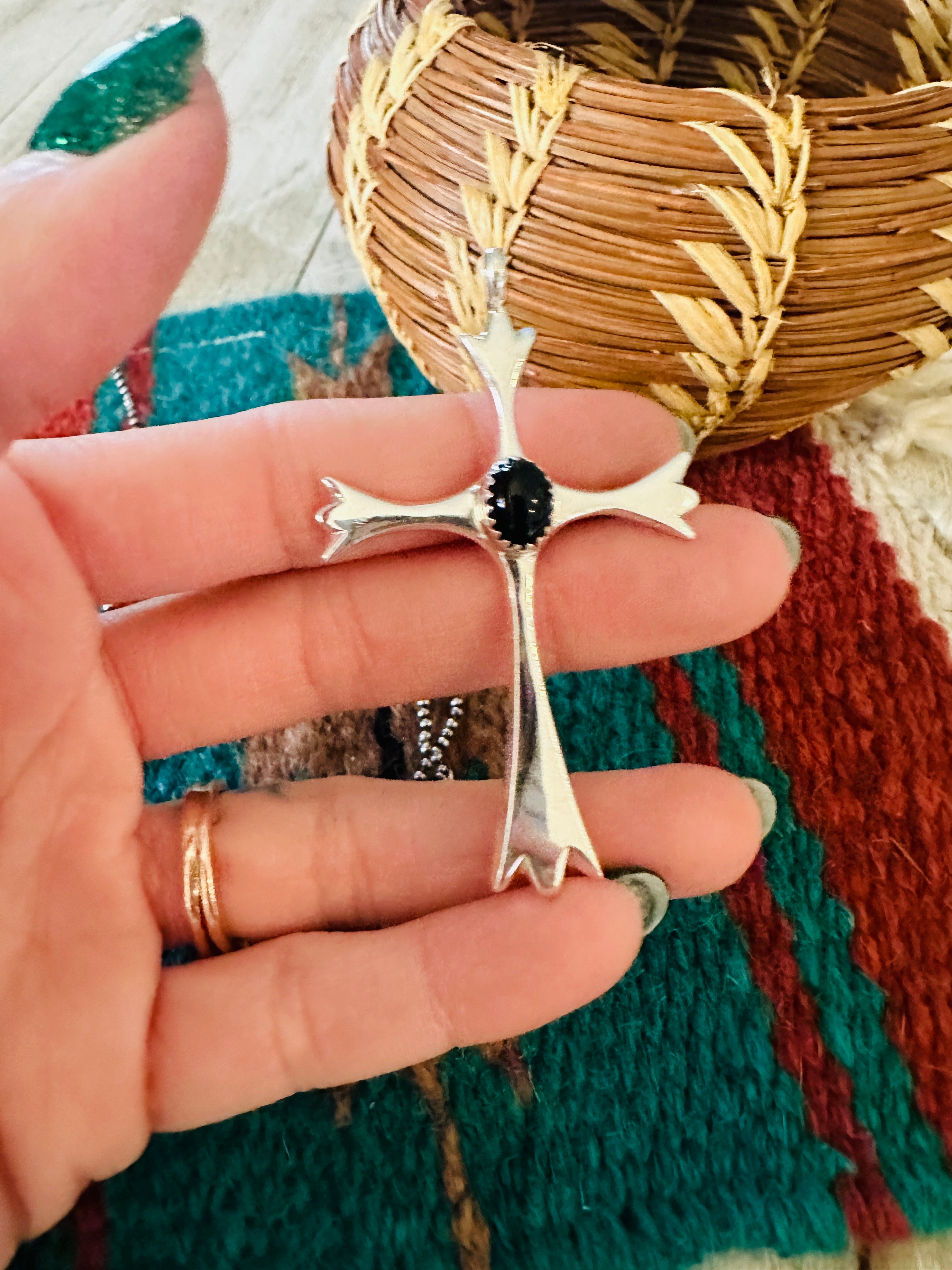 Handcrafted Black Onyx & Sterling Silver Cross Pendant