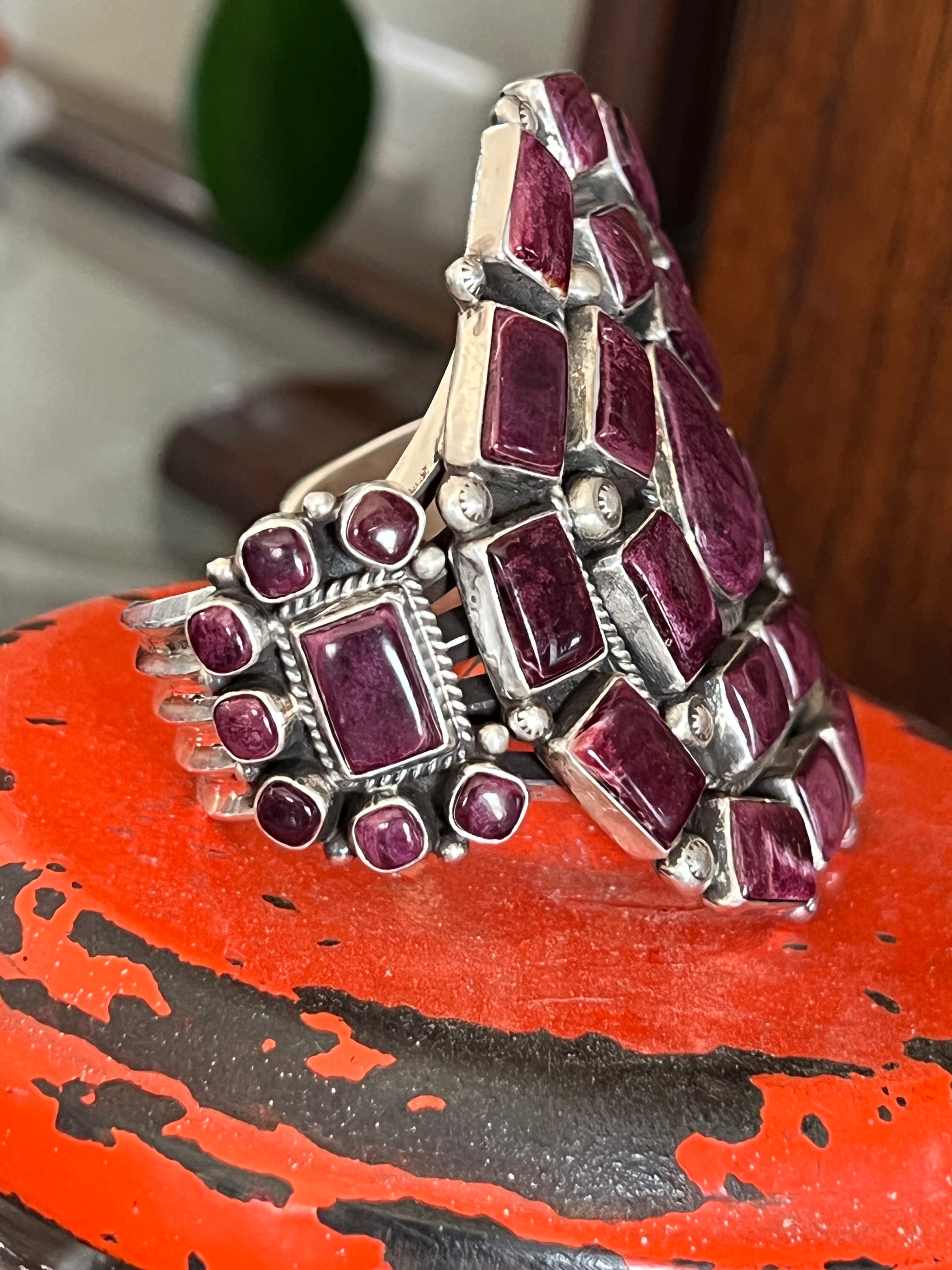 Handcrafted Sterling Silver and Purple Spiny Oyster Cuff Bracelet by Tyler Brown /