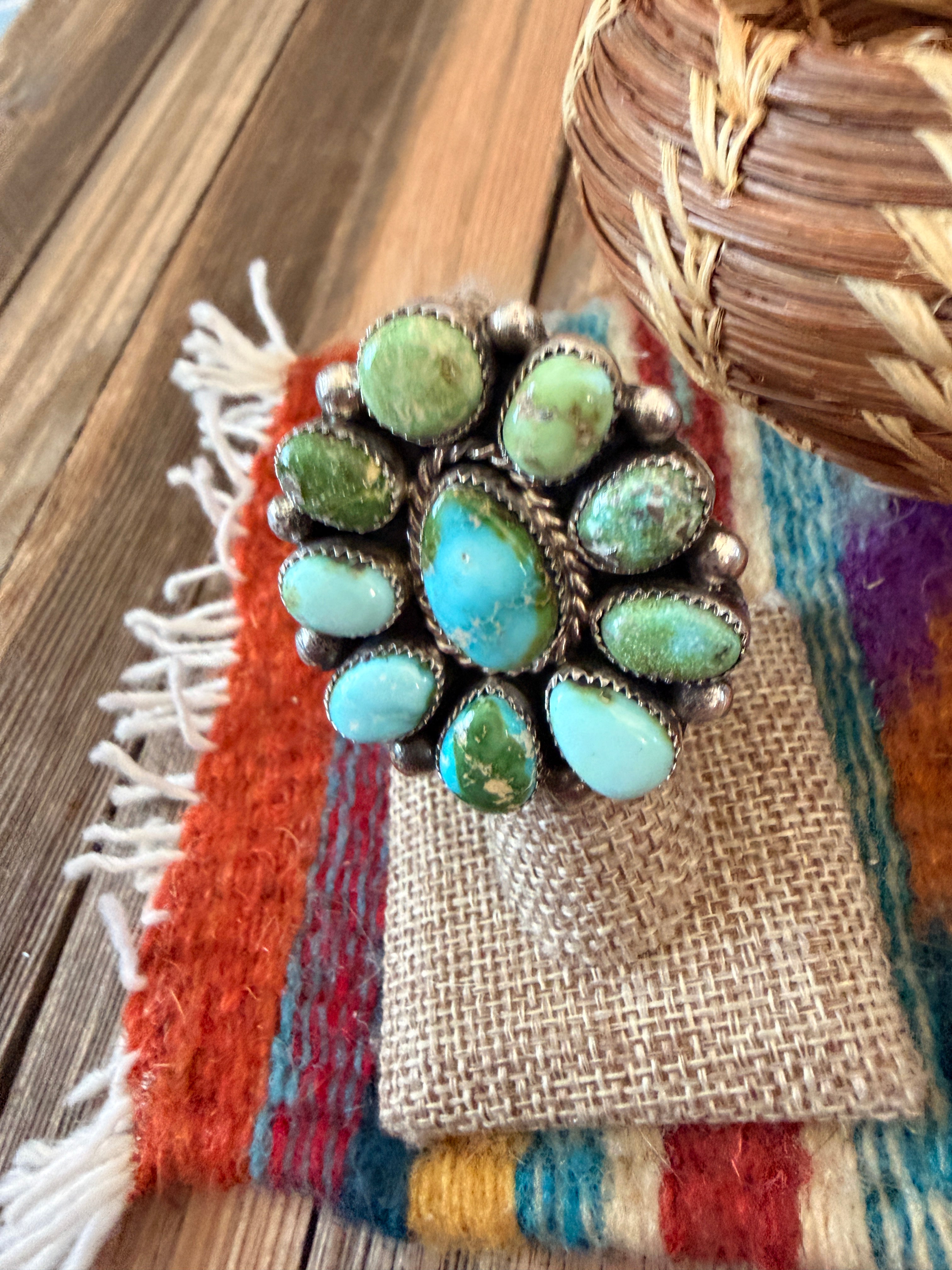 Handcrafted Sonoran Mountain Turquoise & Sterling Silver Cluster Adjustable Ring