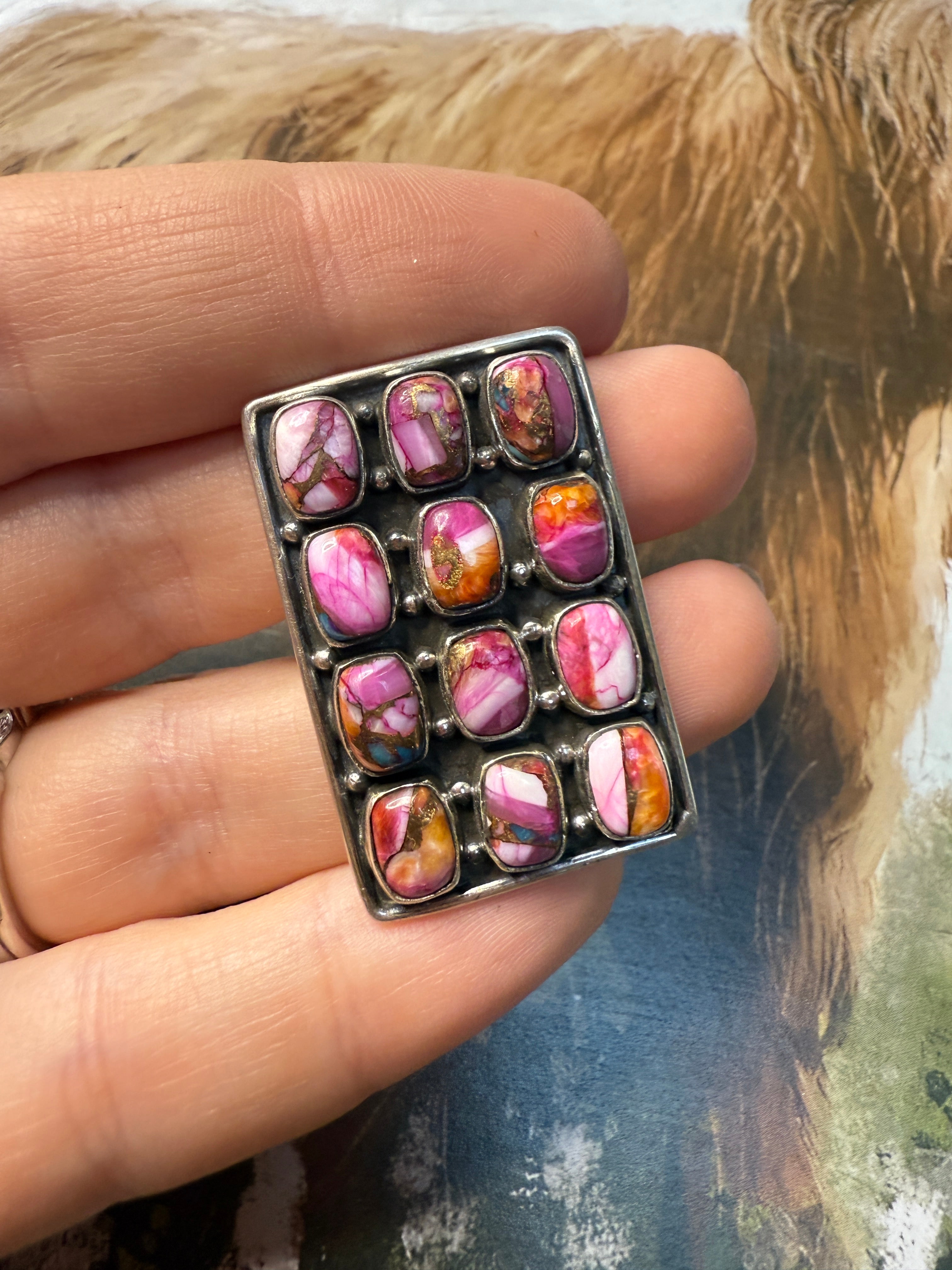 Handmade Pink Dream Mojave And Sterling Silver Adjustable 12 Stone Ring