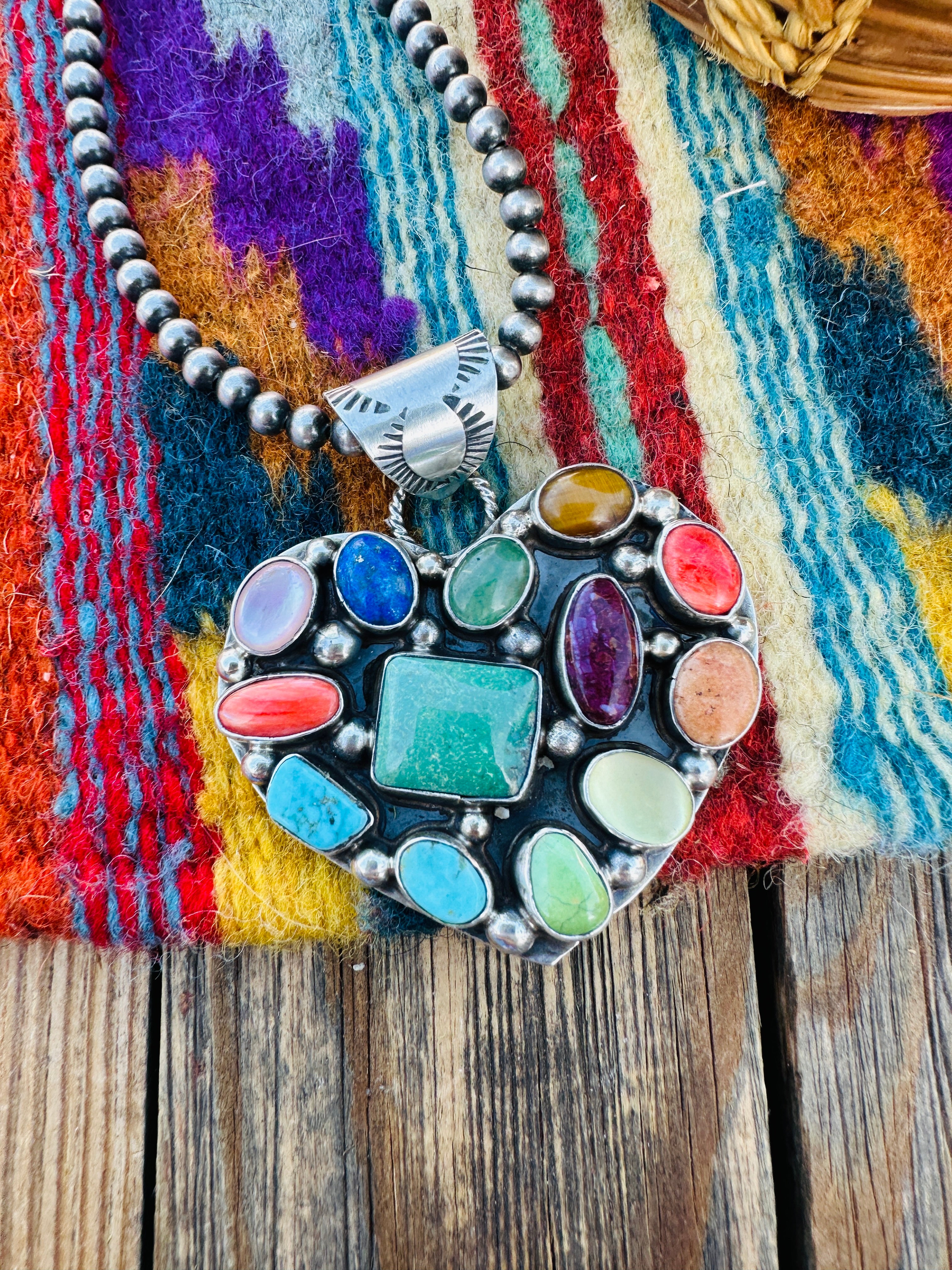 Handcrafted Multi Stone & Sterling Silver Heart Pendant by Jacqueline Silver