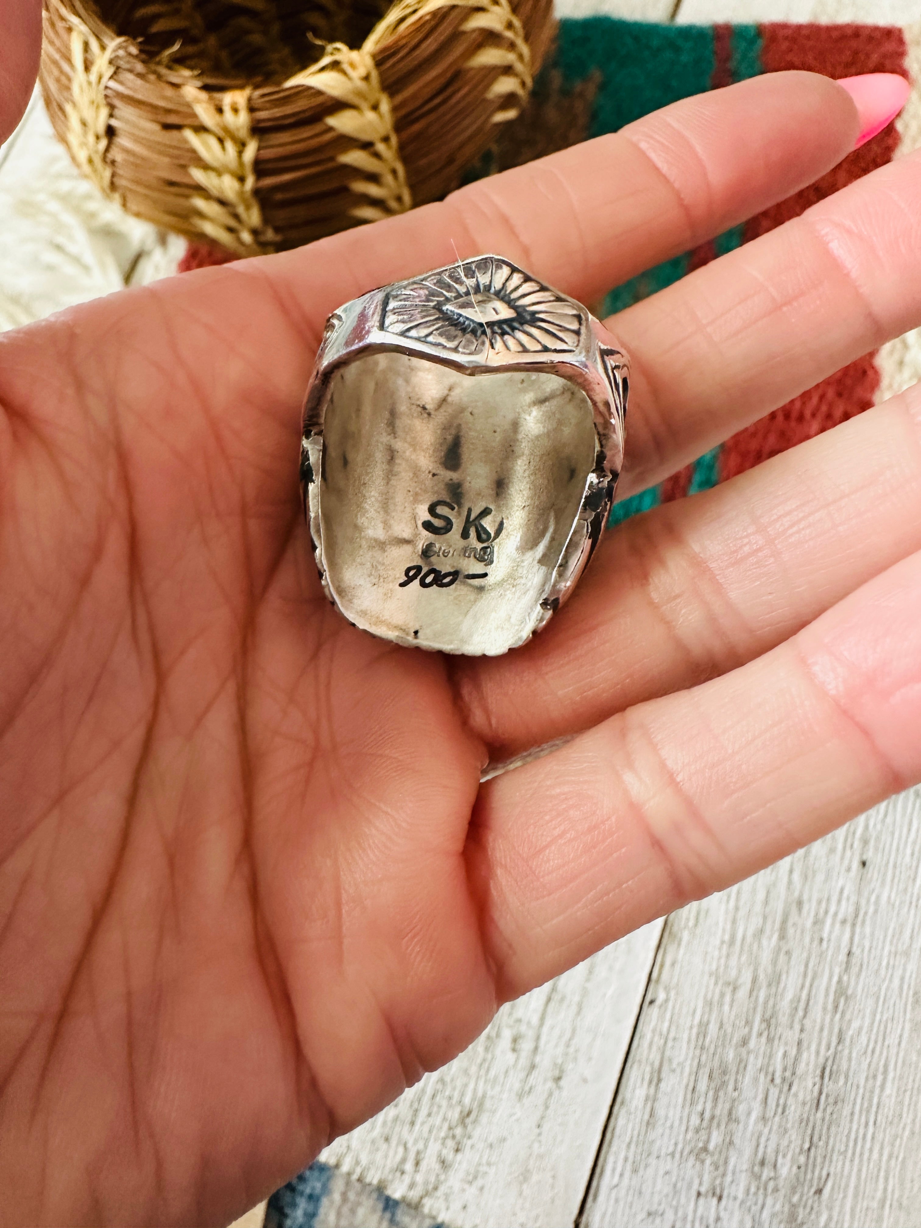 Old Pawn Navajo Sterling Silver & Kingman Web Turquoise Men’s Ring Size 10