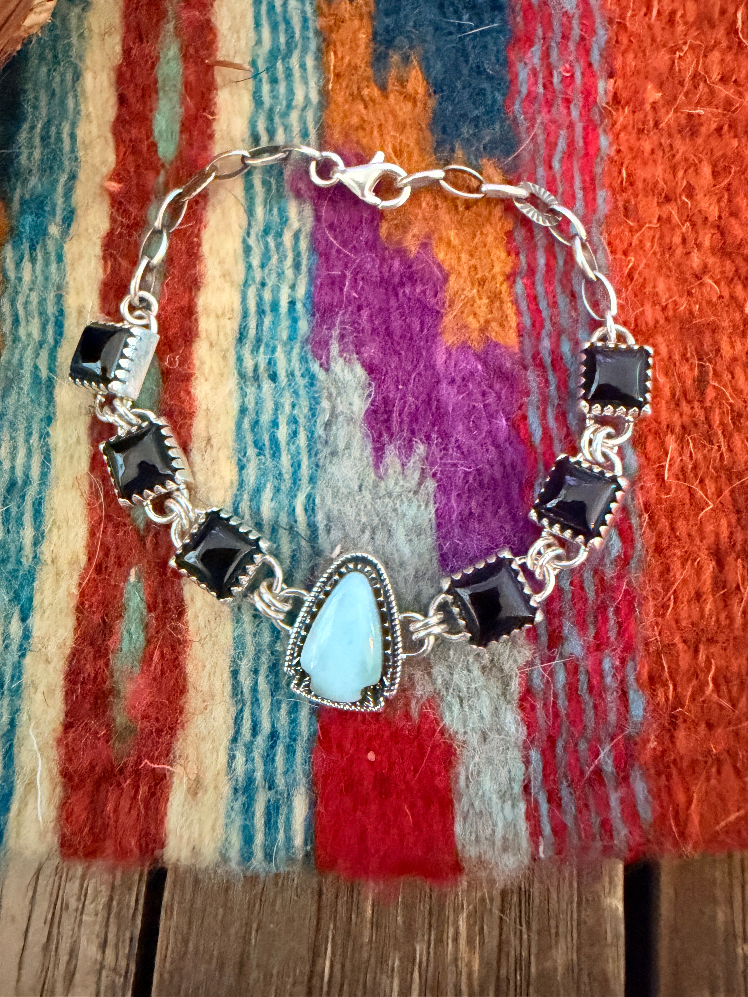 Handmade Sterling Silver, Onyx and Larimar Arrowhead Link Bracelet