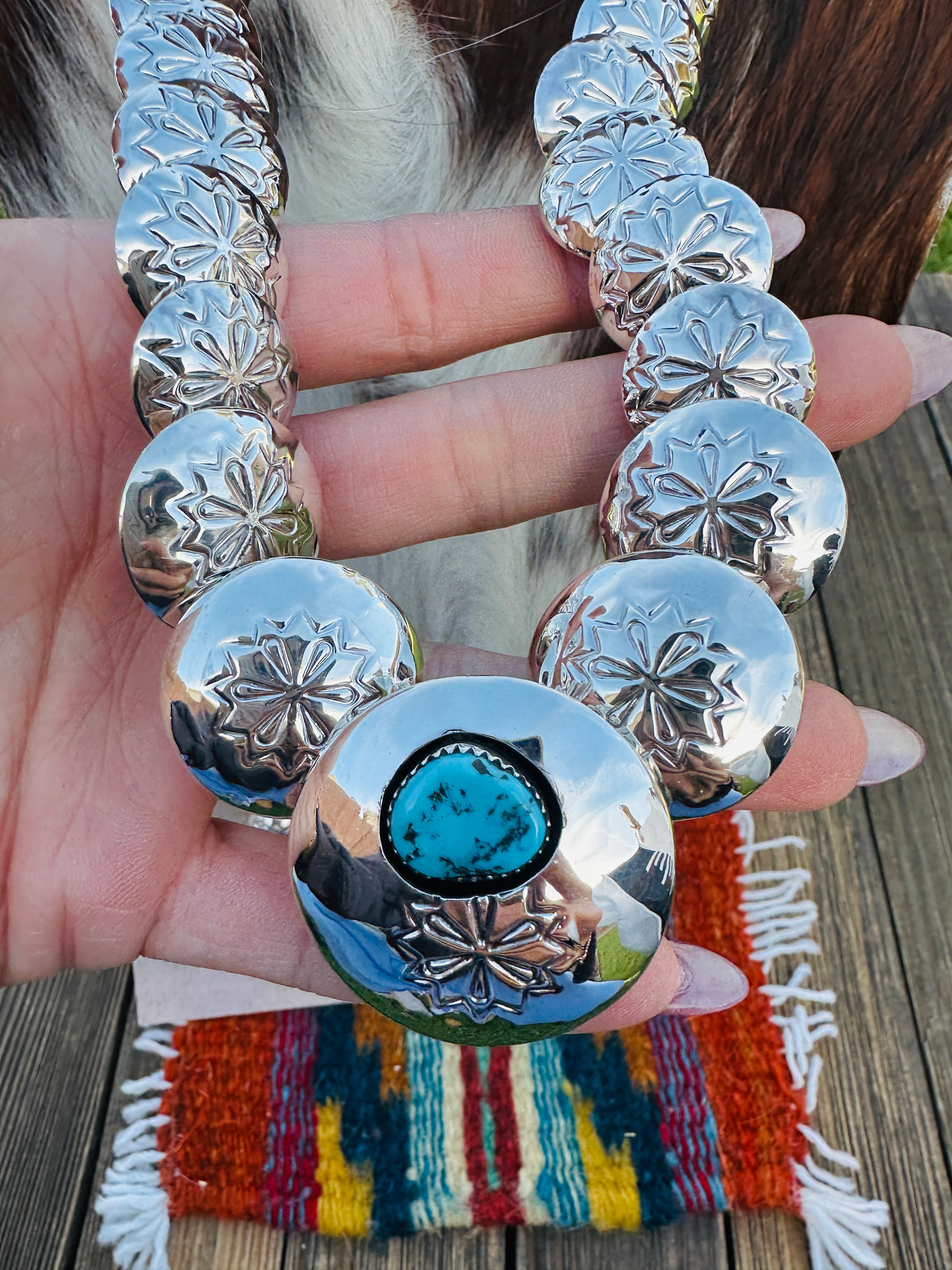 Handcrafted Turquoise & Sterling Silver Pillow Bead Necklace and Earring Set