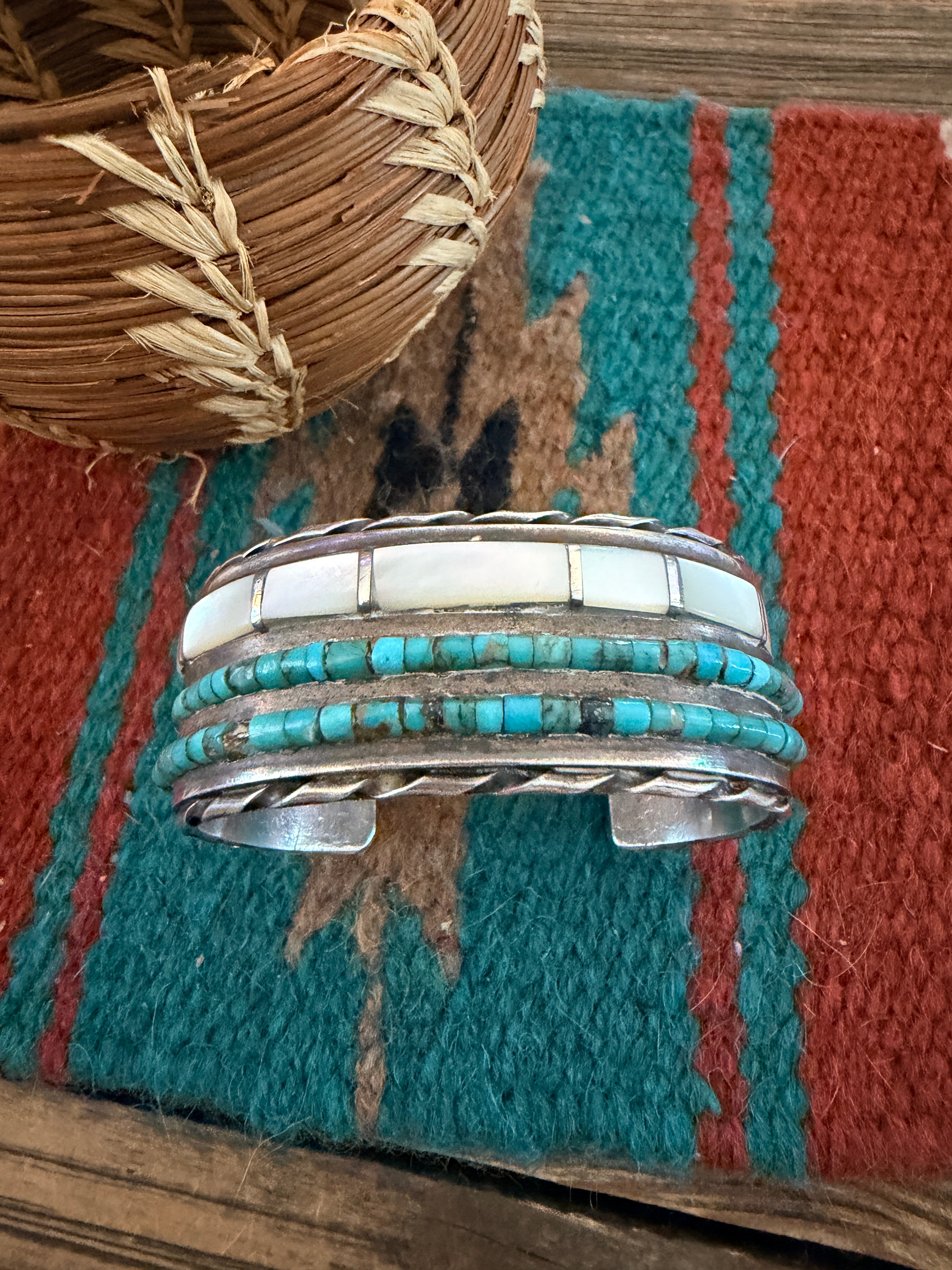 Handcrafted Old Pawn Sterling Silver, Turquoise & Mother of Pearl Inlay Cuff Bracelet