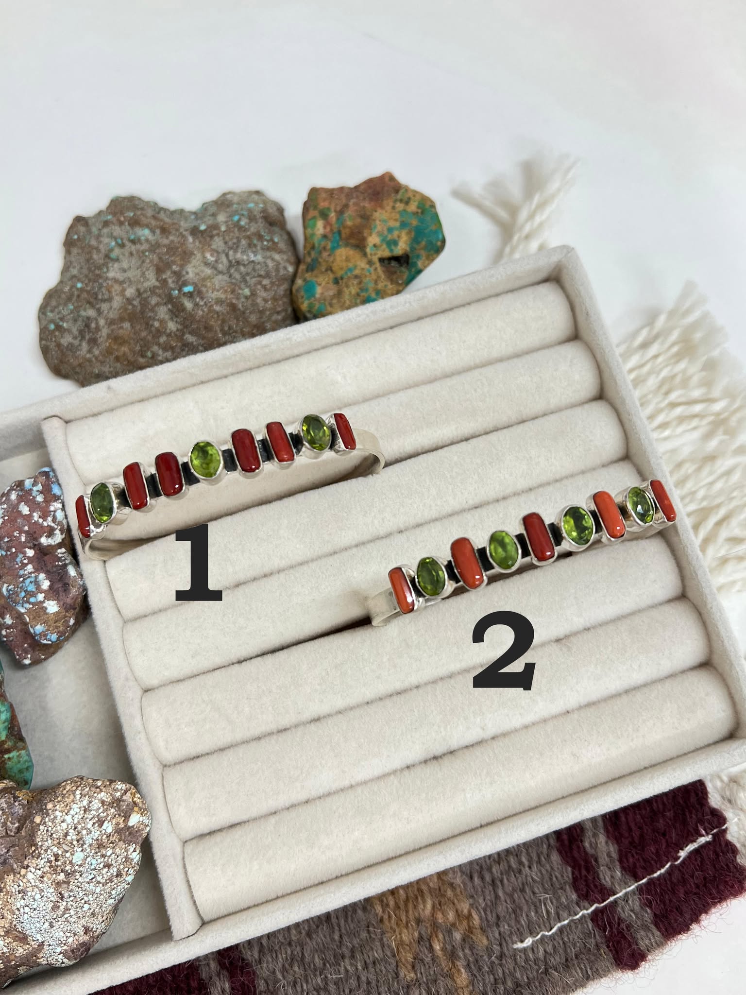 Christmas Collection Handmade Sterling Silver Coral with Peridot Bracelet with Signed Nizhoni