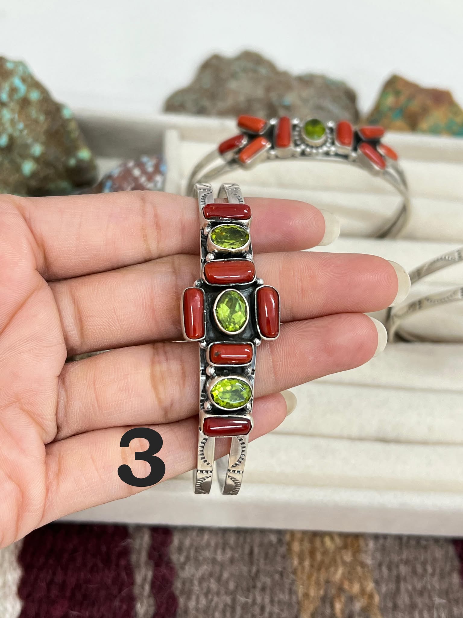 Christmas Collection Handmade Sterling Silver Coral with Peridot Bracelet with Signed Nizhoni