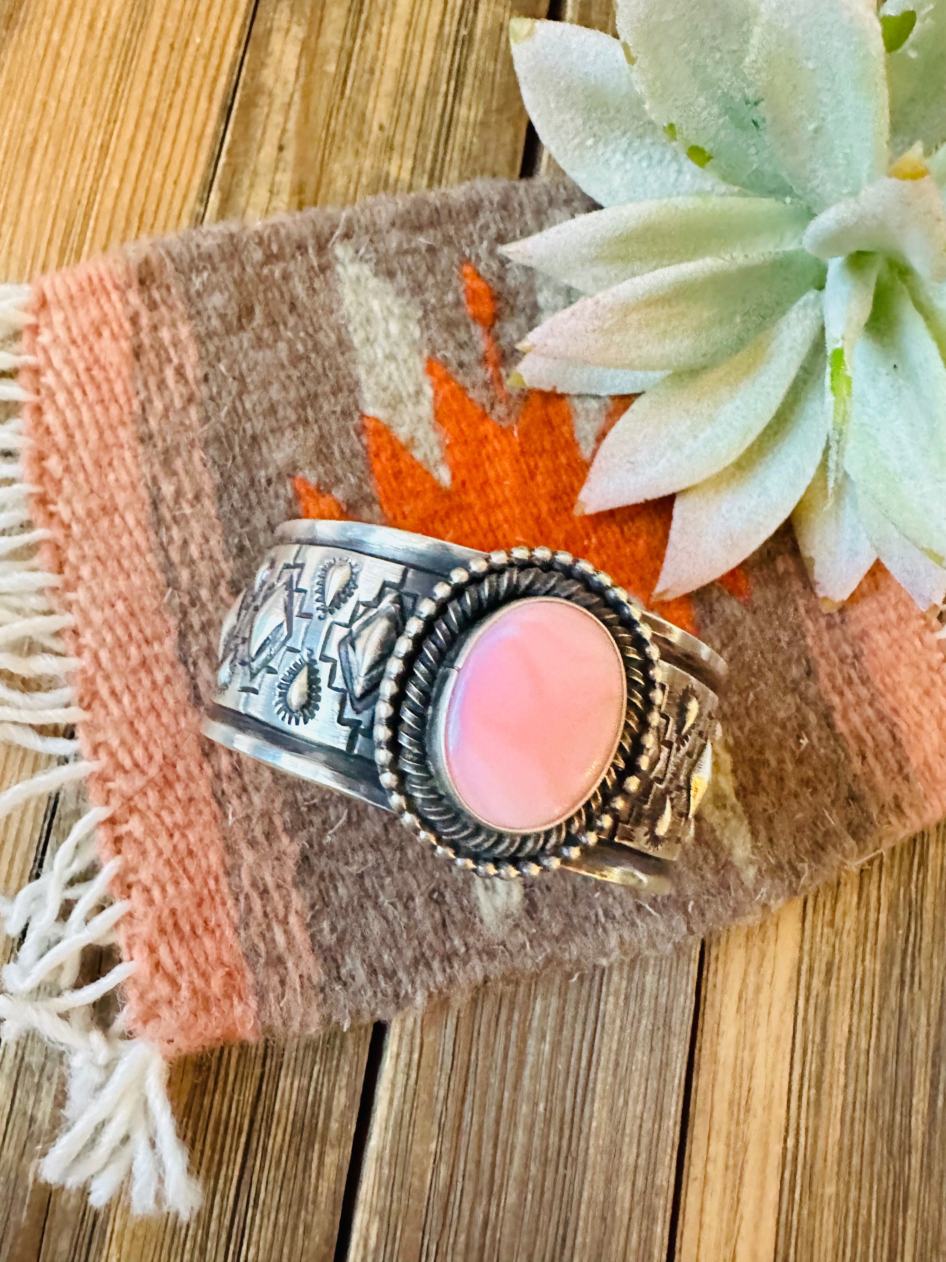 Handcrafted Queen Pink Conch Shell & Sterling Silver Cuff Bracelet
