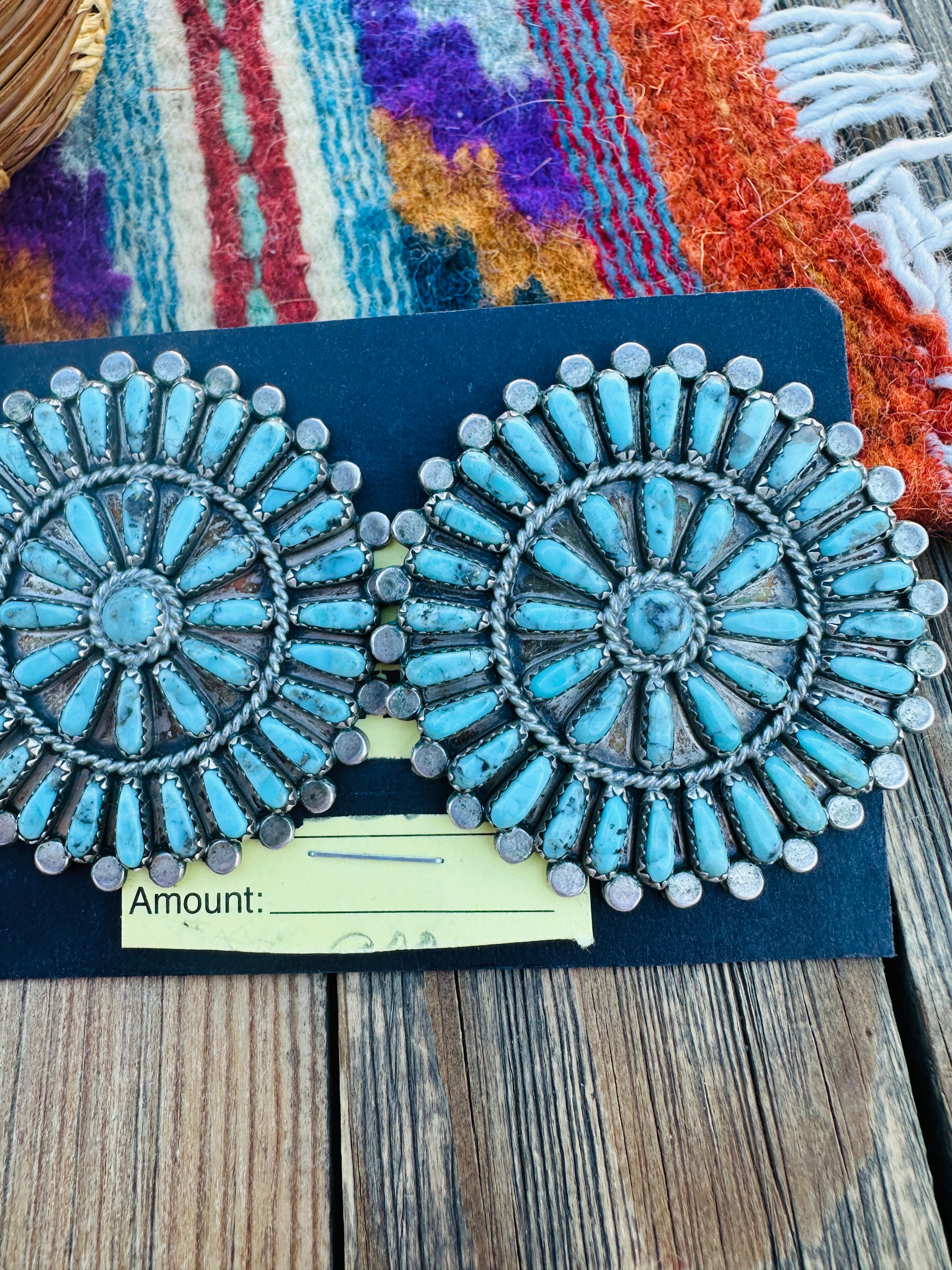 Handcrafted Old Pawn Sterling Silver & Turquoise Cluster Post Earrings