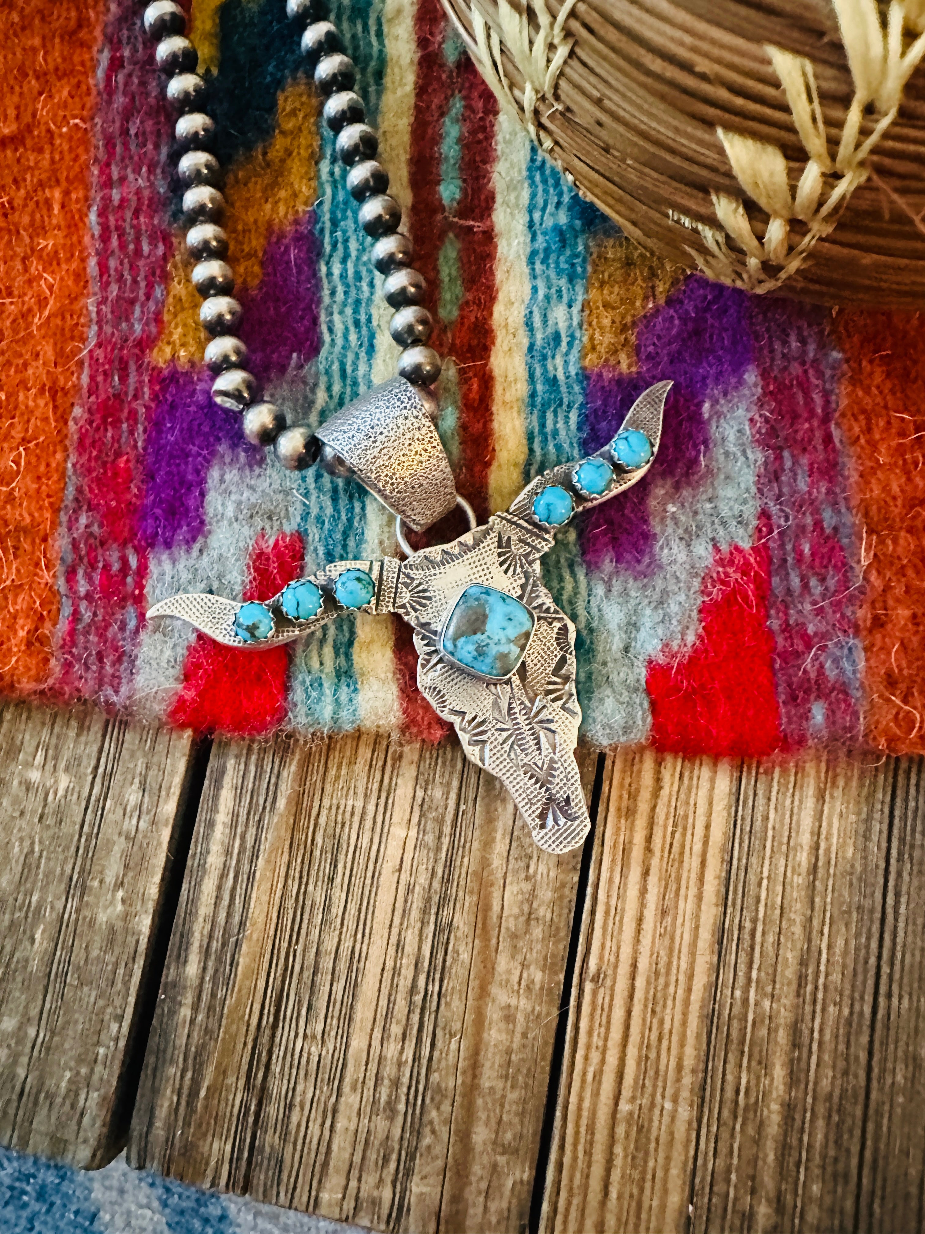 Handcrafted Sterling Silver & Turquoise Bullhead Pendant by Leroy James