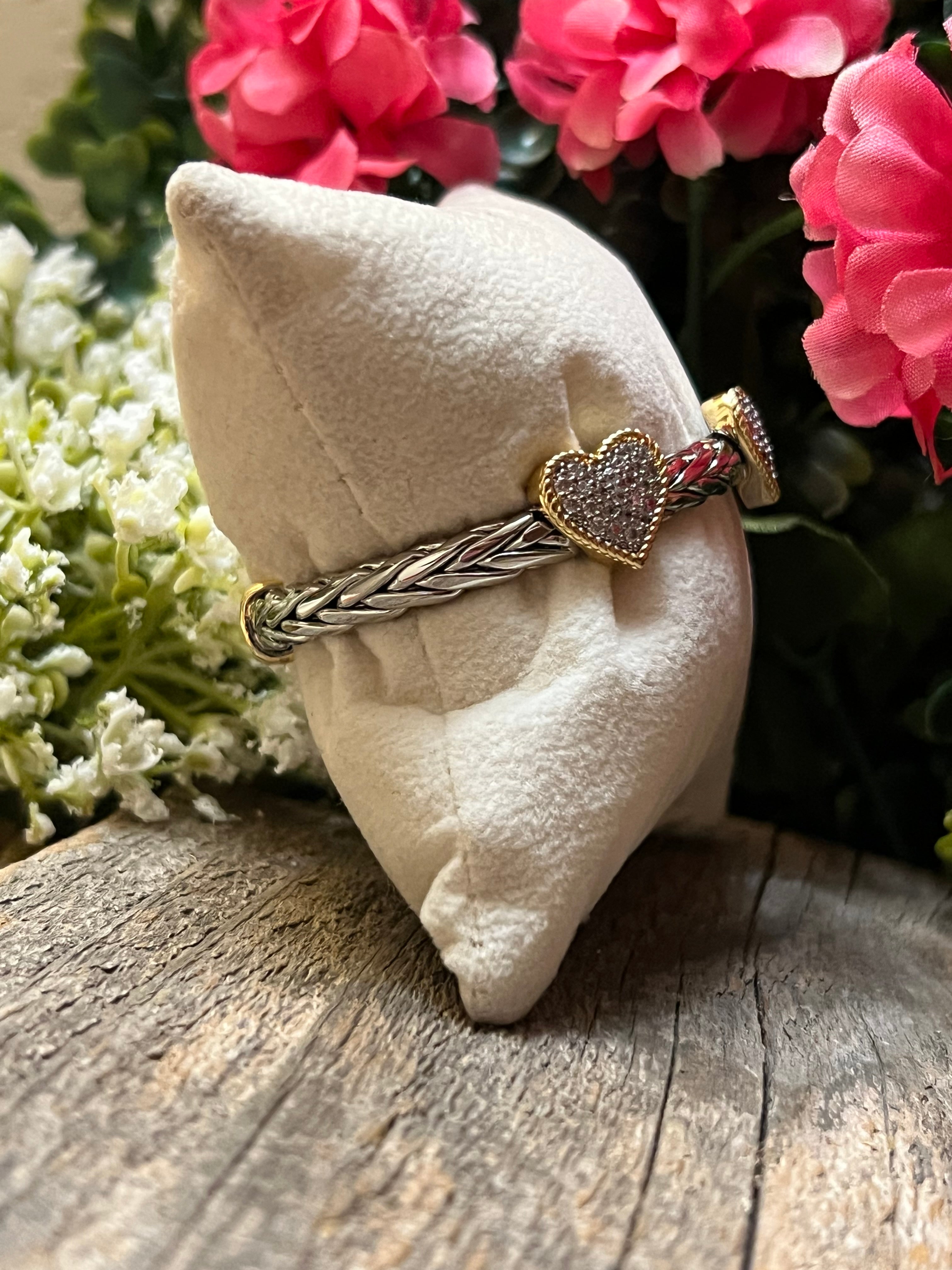 Silver & 14k Gold Plated Two Tone Ponytail CZ 3-Heart Bangle Bracelet