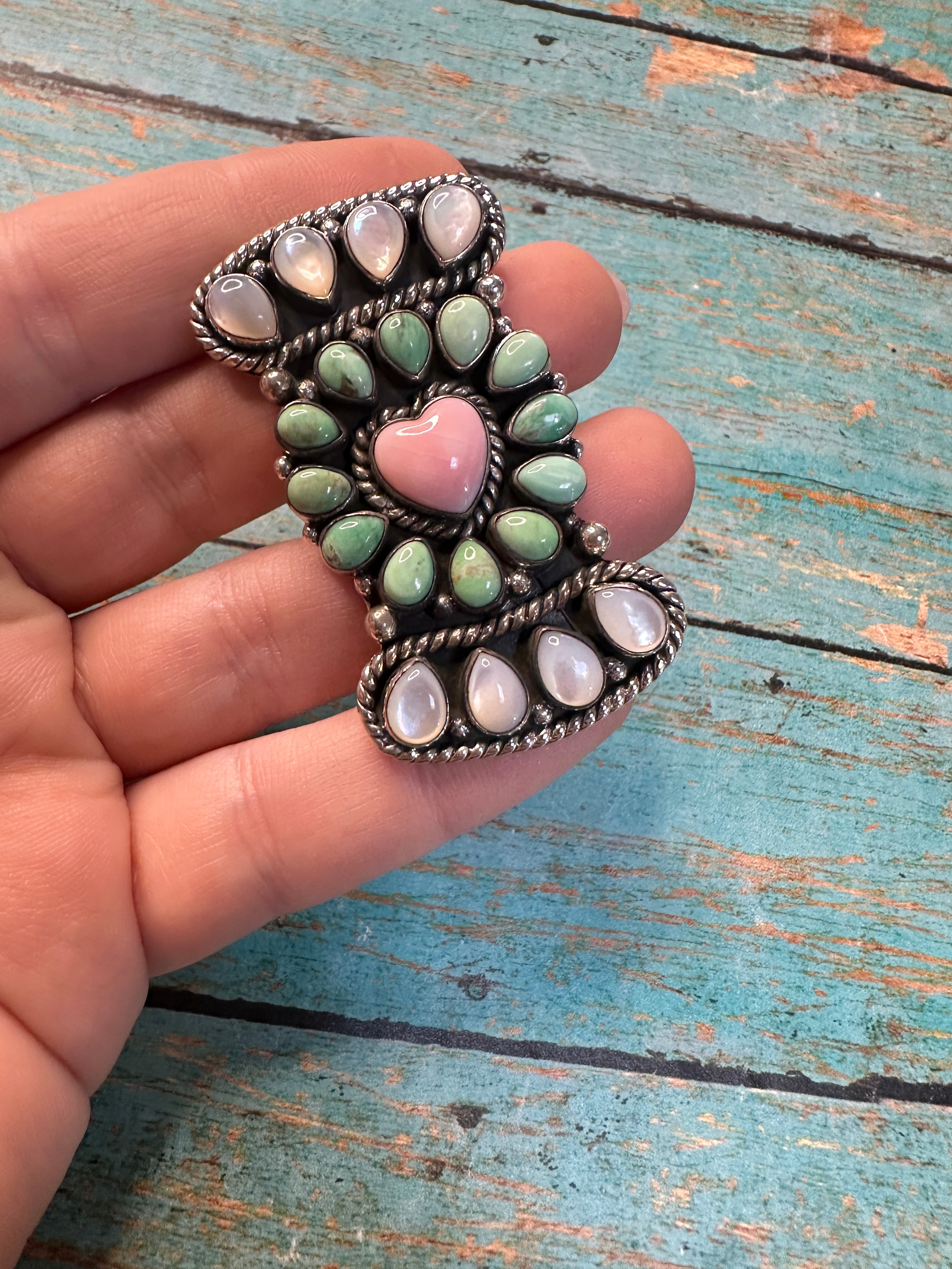 Beautiful Handmade Mother of Pearl, Turquoise, Pink Conch And Sterling Silver Adjustable Cluster Heart Ring