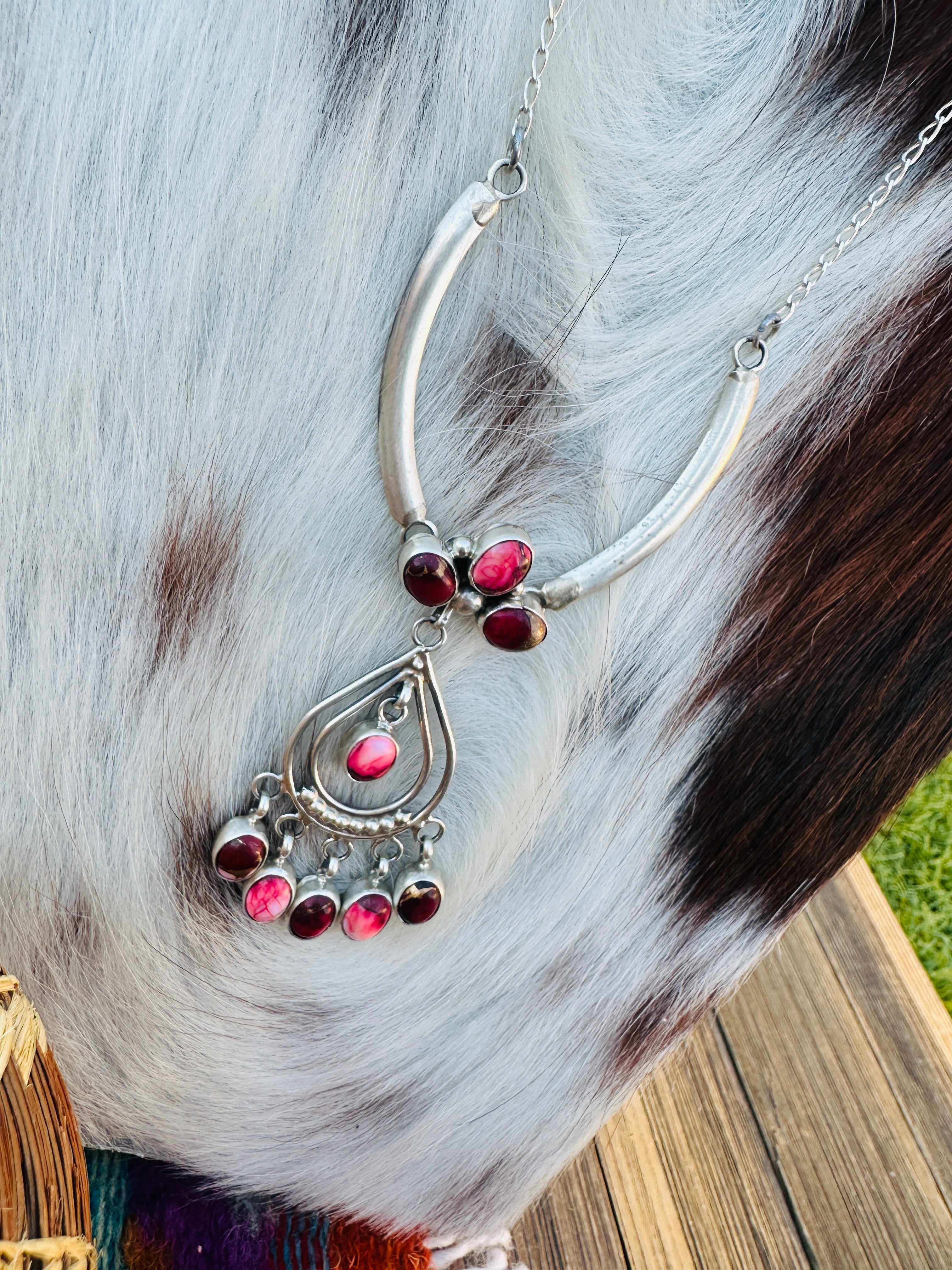 Handcrafted Rose Dahlia & Sterling Silver Chandelier Necklace by Pearlene Spencer