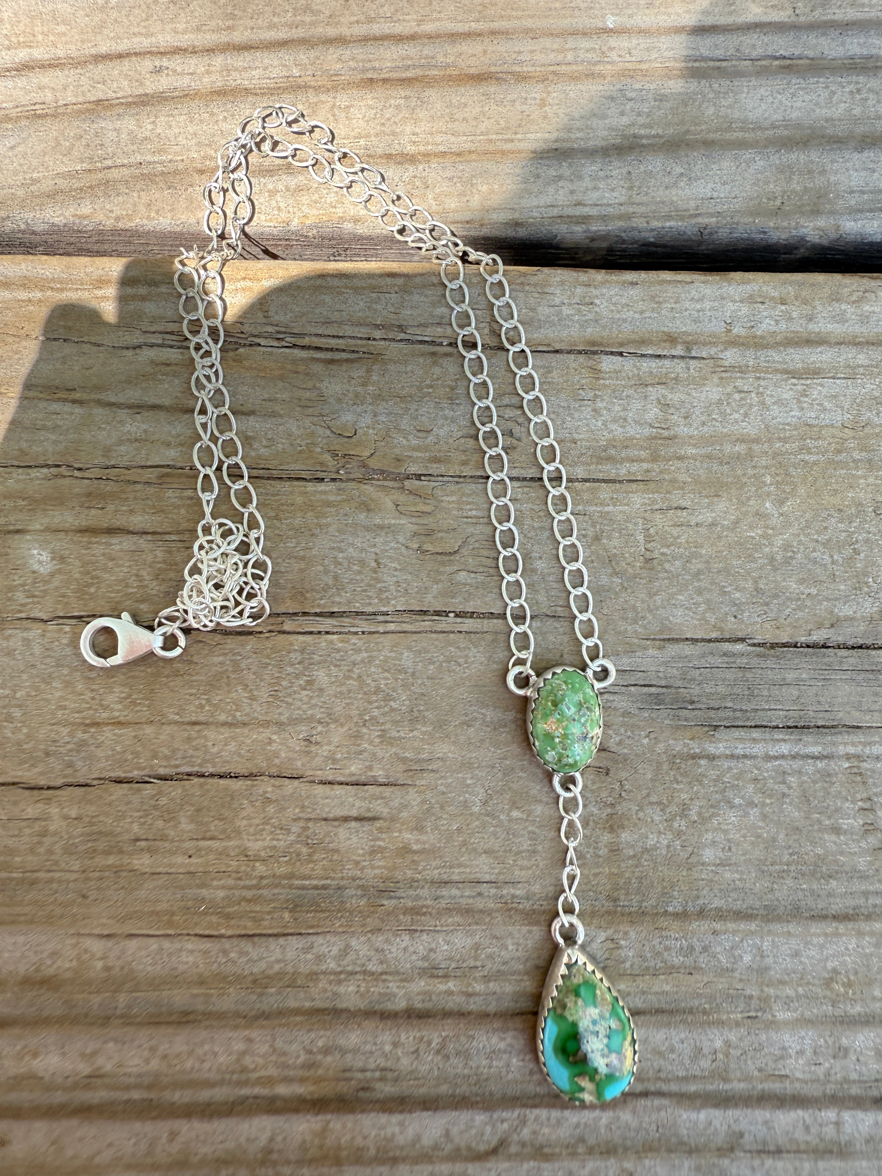 Beautiful Handmade Sterling Silver & Sonoran Turquoise 2 Stone Drop Necklace