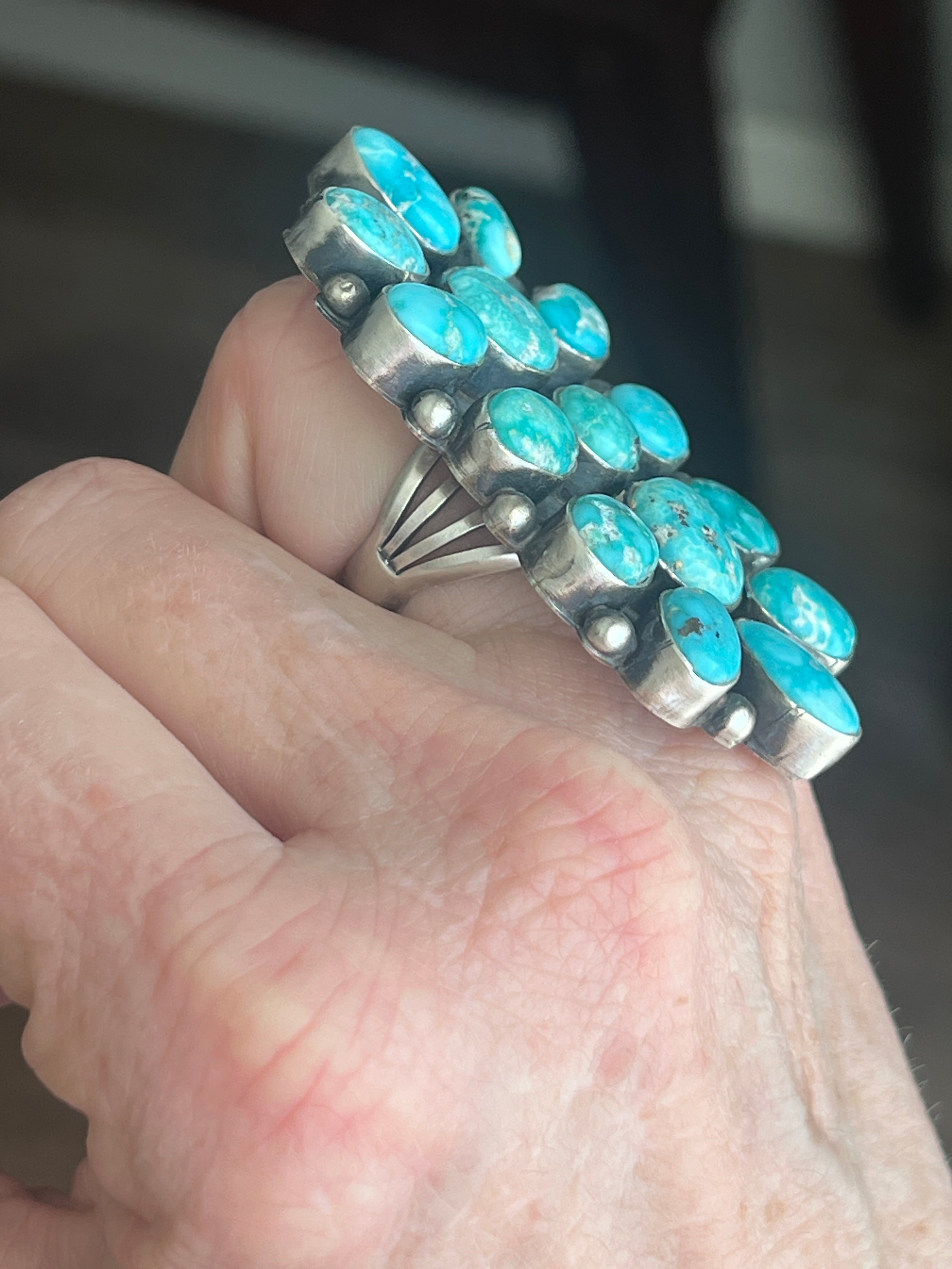 Handcrafted Paul Livingston Sterling Silver and Campitos Turquoise Cluster Ring, Size 7