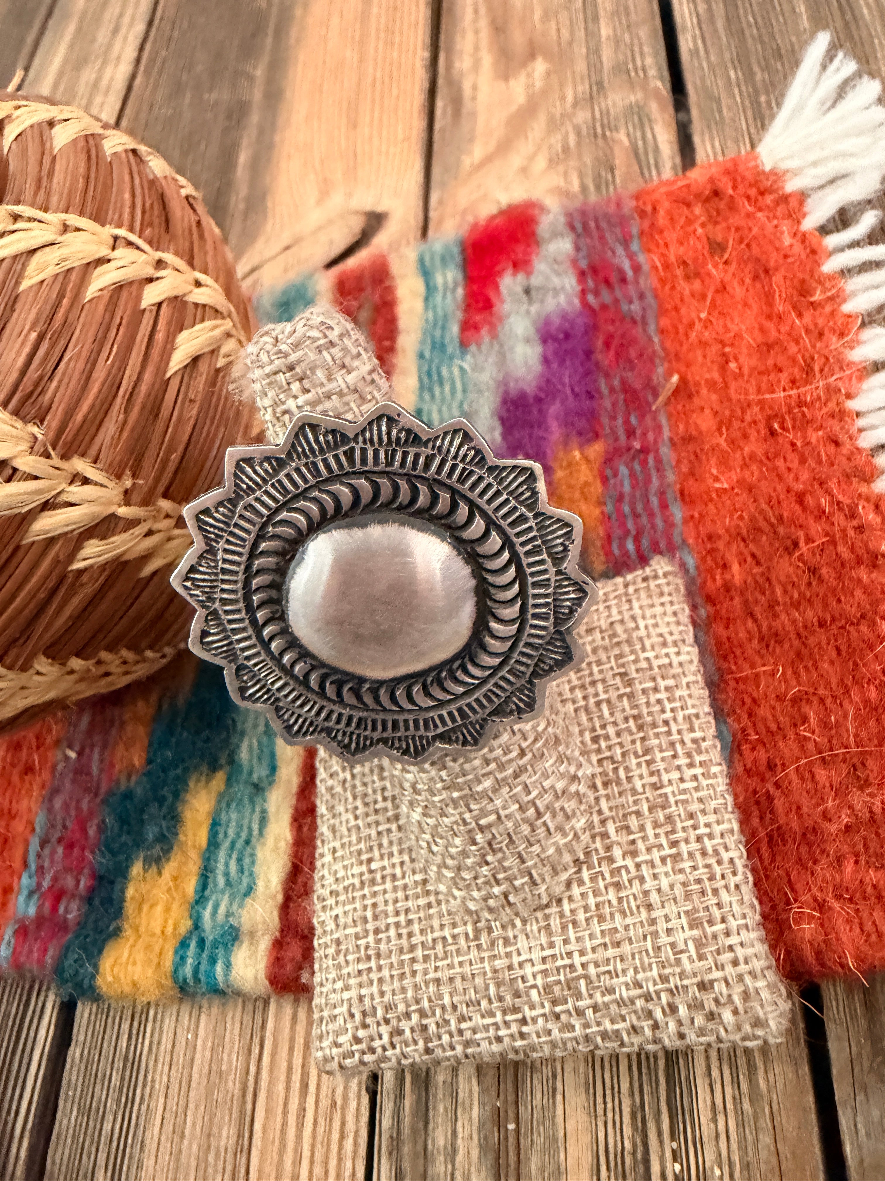 Handcrafted Sterling Silver Adjustable Concho Ring by Leander Tahe