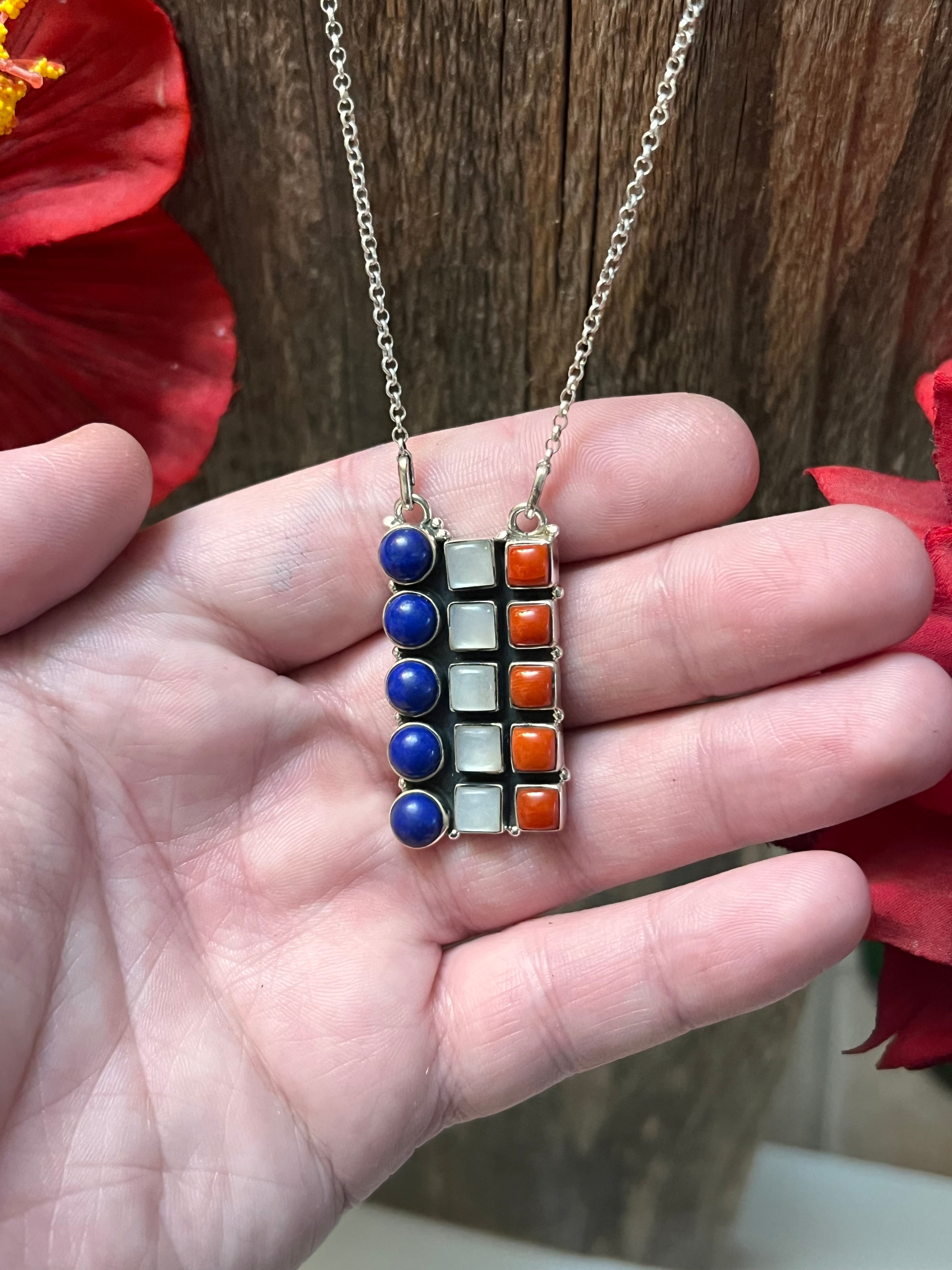 ** 4TH OF JULY ** Handmade Sterling Silver with Red Coral, White Opal, & Blue Lapis Bar Necklace