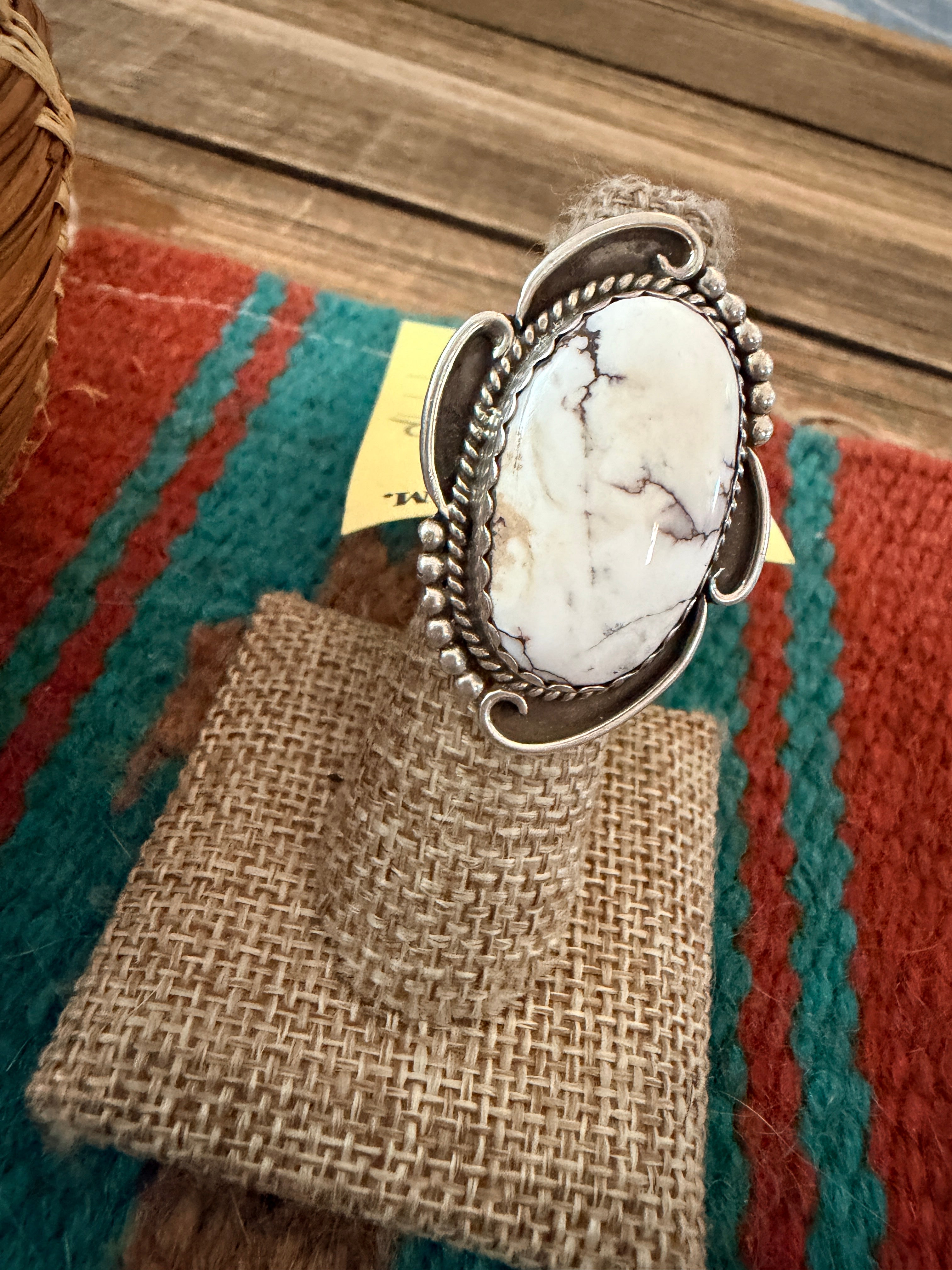 Old Pawn Handcrafted White Buffalo & Sterling Silver Ring Size 6.75