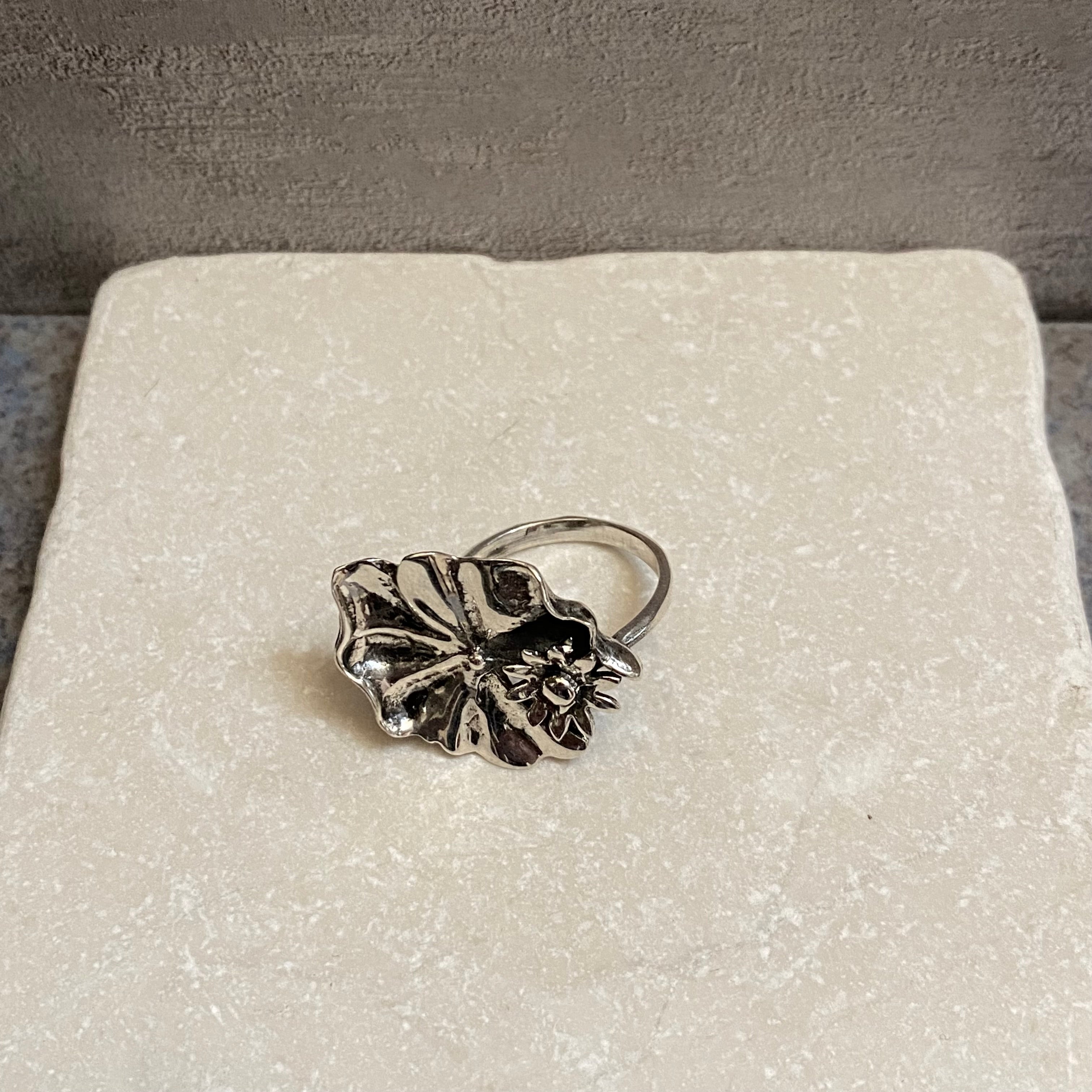Sterling Silver Lily Pad Flower & Leaf Ring