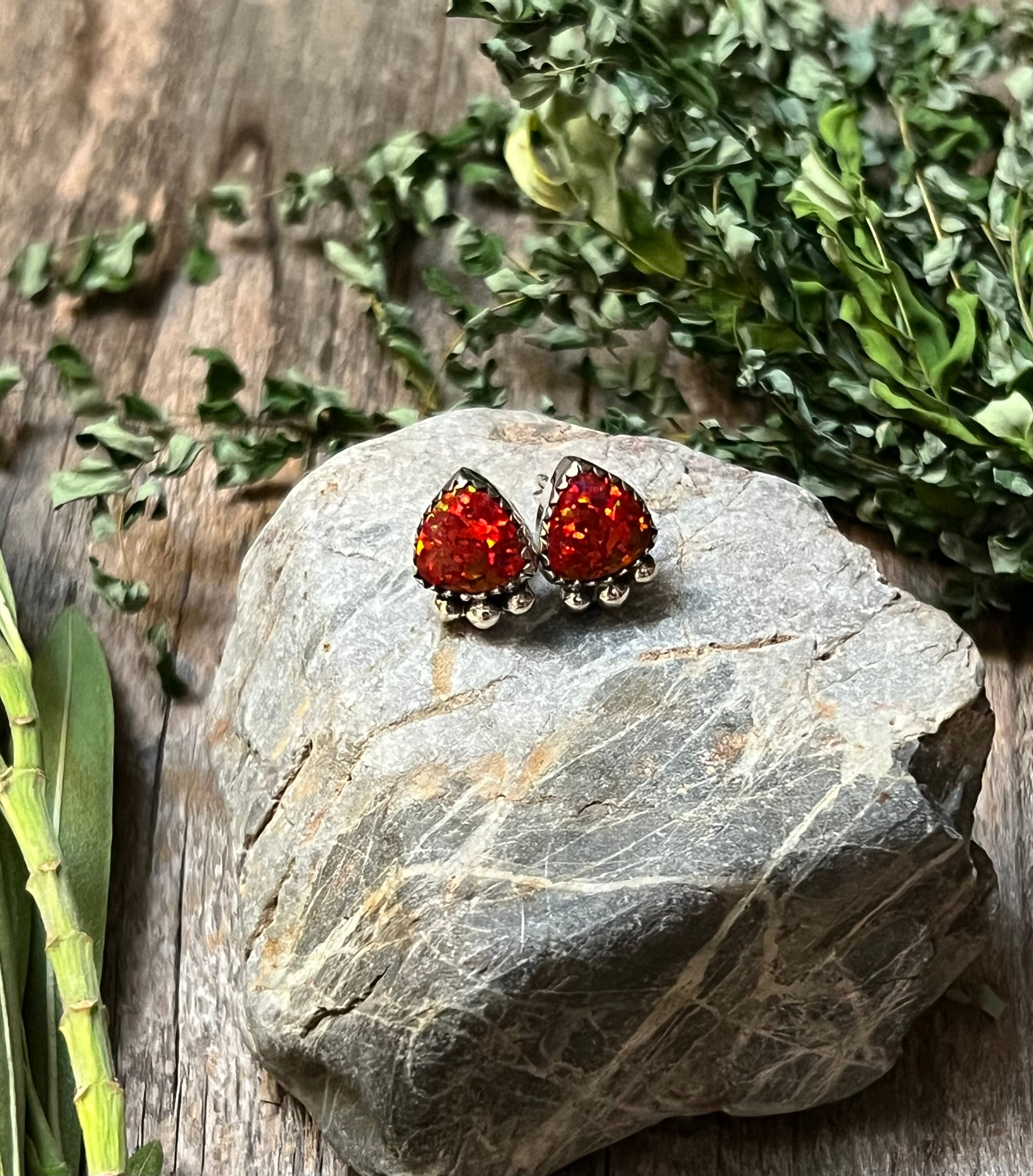 Handmade Fire Red Opal & Sterling Silver Stud Earrings