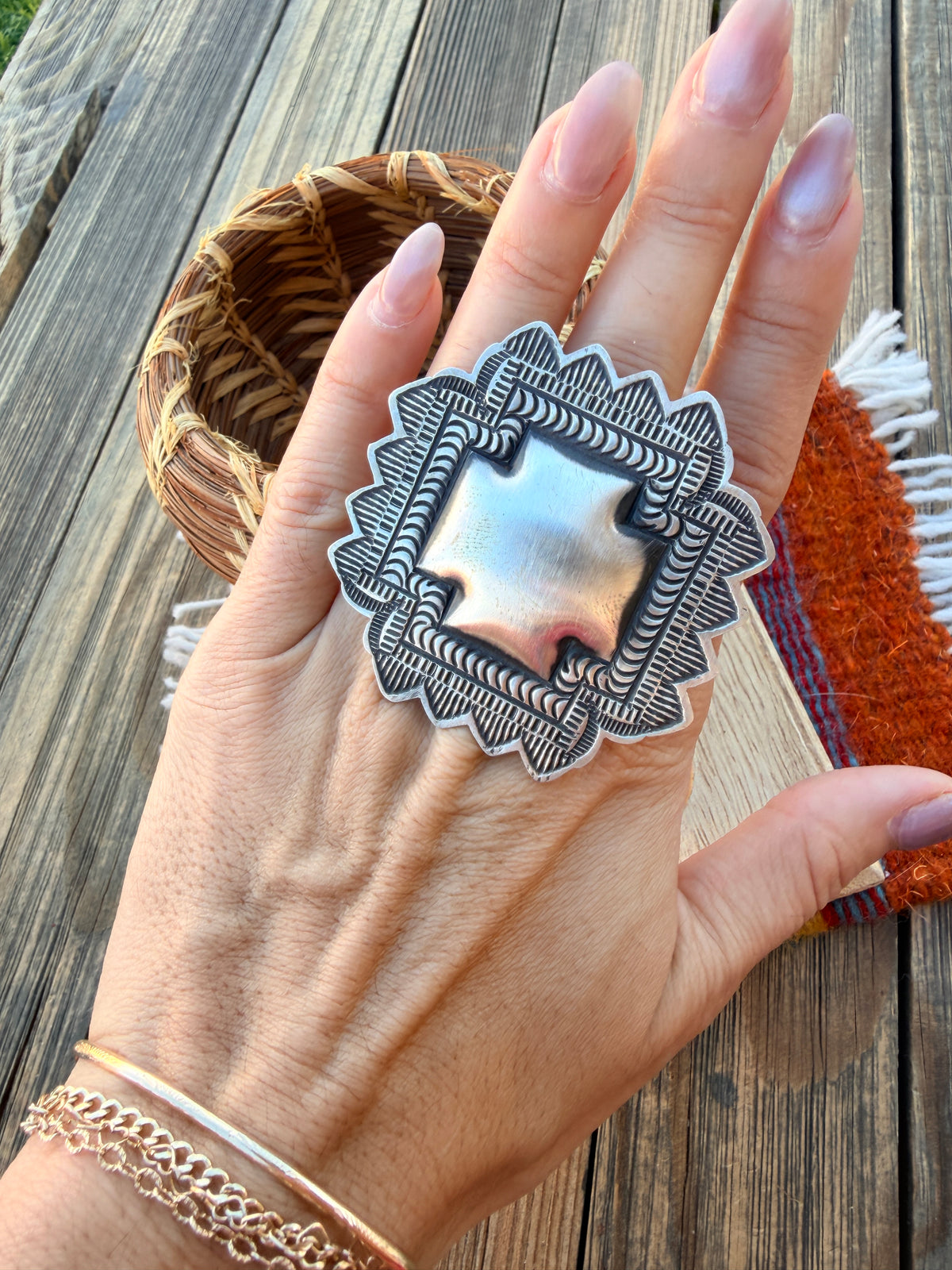 Handcrafted Sterling Silver Adjustable Cross Concho Ring by Leander Tahe