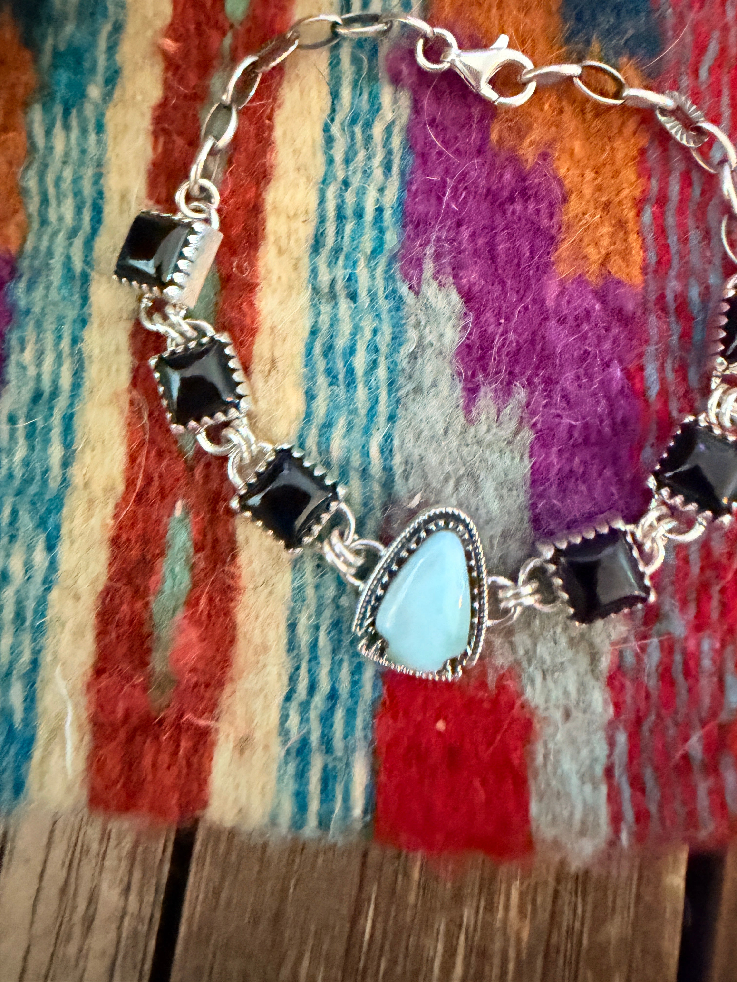 Handmade Sterling Silver, Onyx and Larimar Arrowhead Link Bracelet