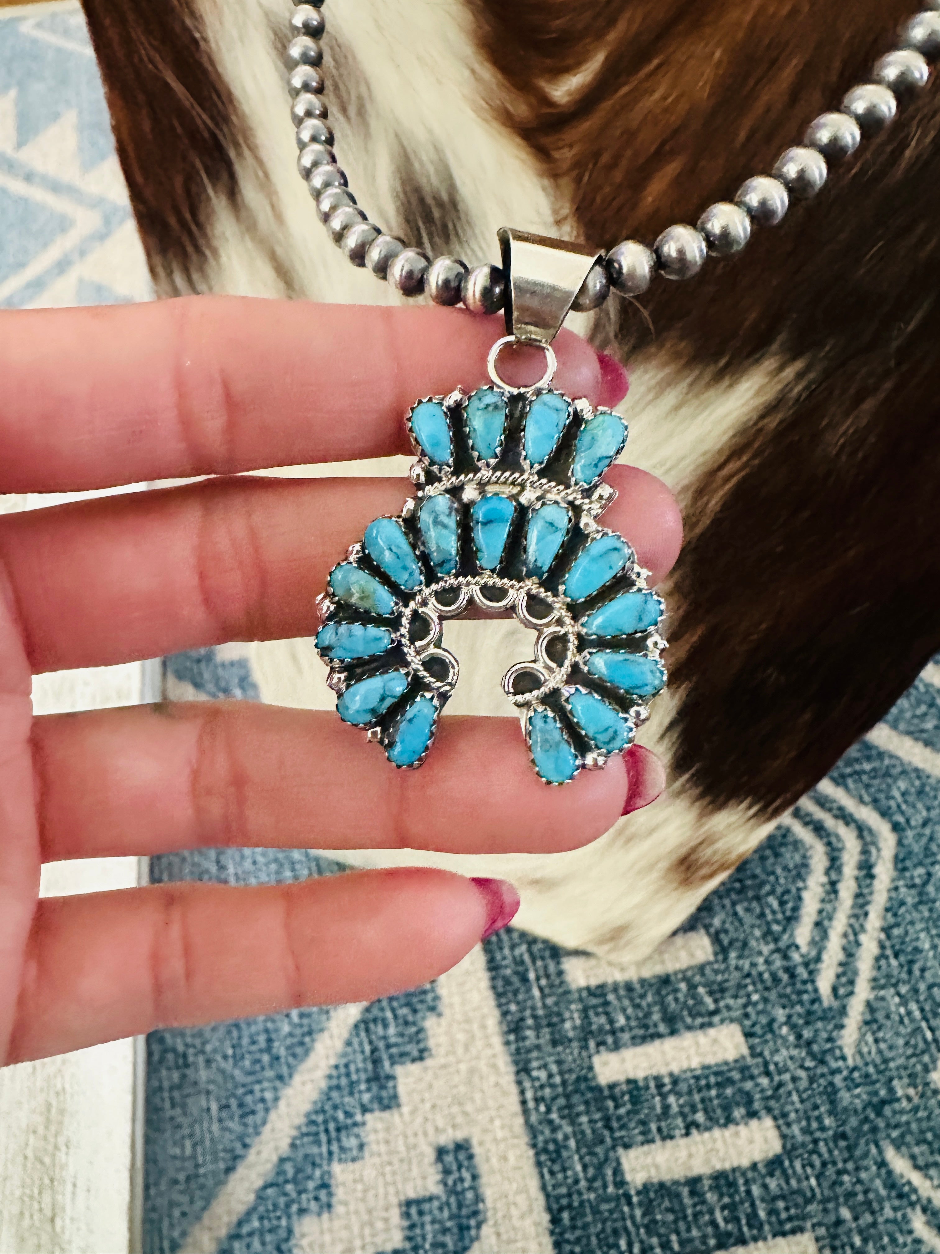 Handcrafted Turquoise & Sterling Silver Squash Blossom Necklace