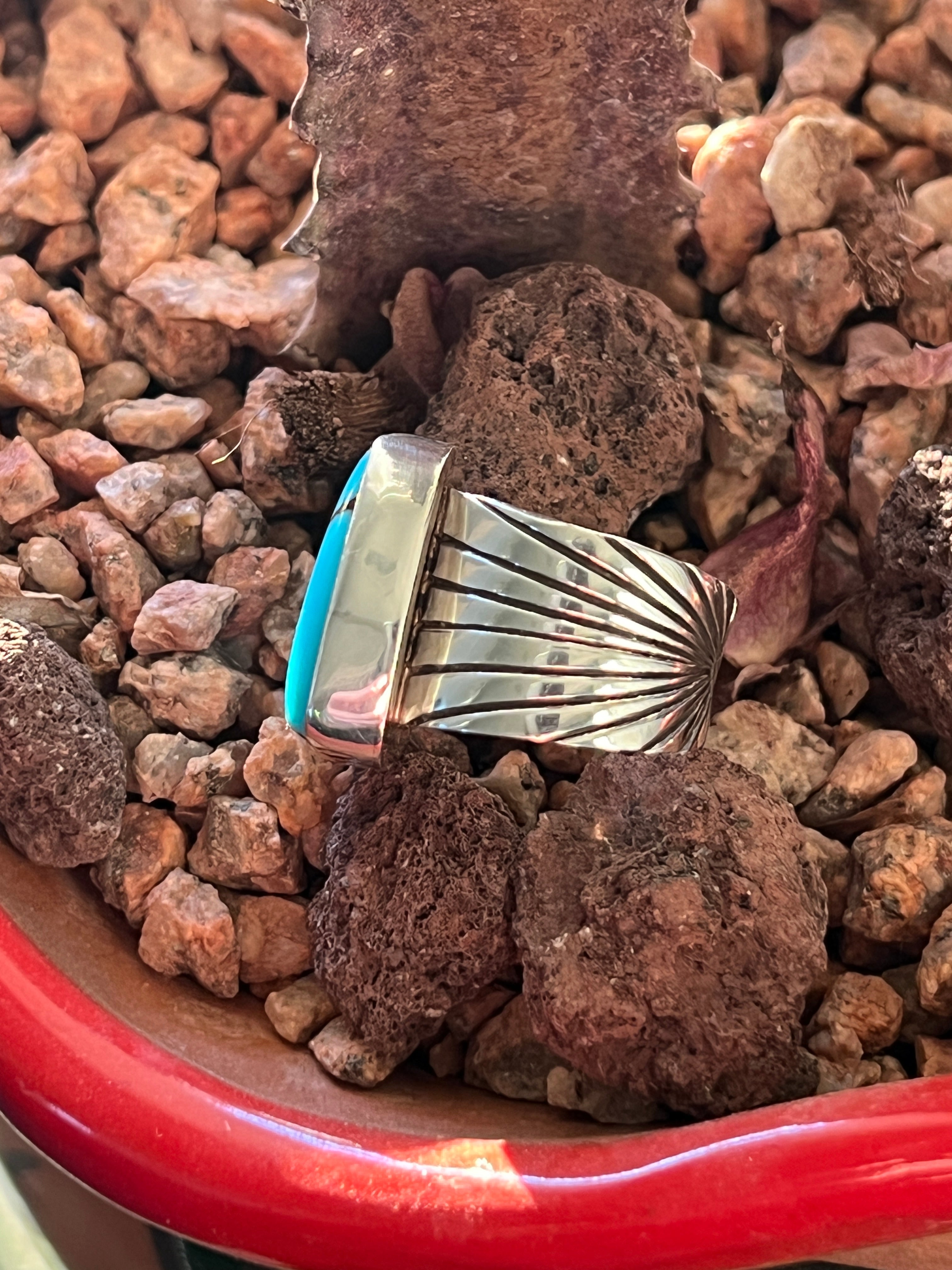 Handcrafted Hand Stamped Sterling Silver and Egyptian Turquoise Wide Shank Ring by Shaun Rogers, Size 8.25