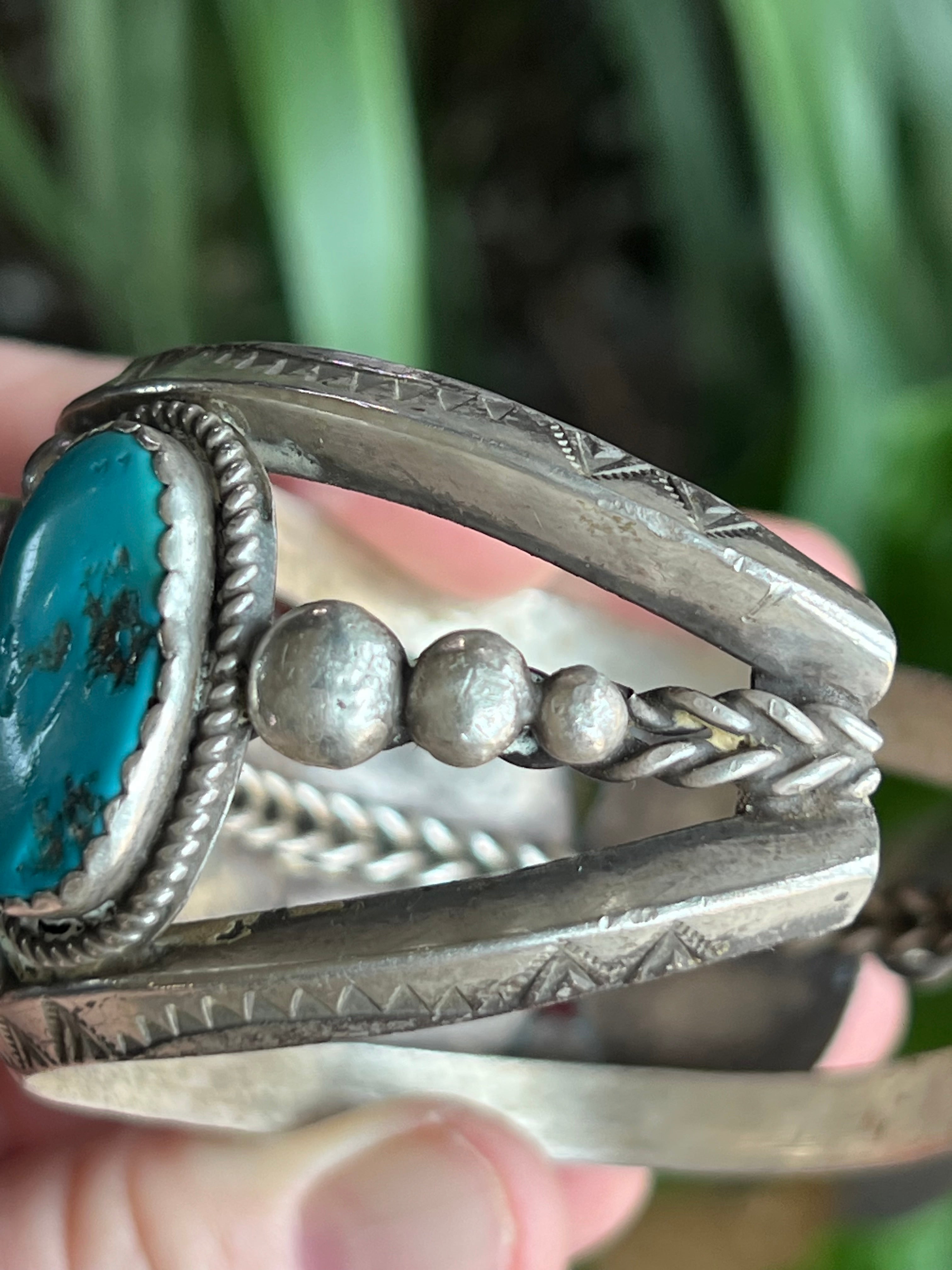 Handcrafted Old Pawn Sterling Silver and Natural Sleeping Beauty Turquoise Cuff Bracelet, Signed /