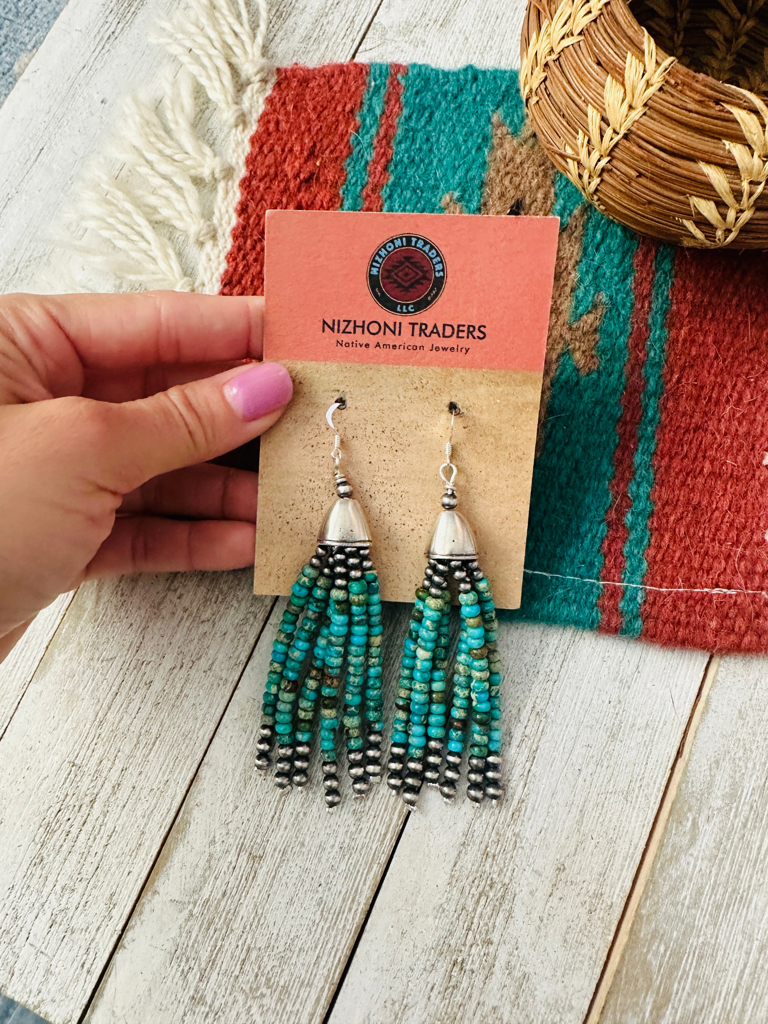 Handcrafted Turquoise & Sterling Silver Pearl Beaded Tassel Dangle Earrings
