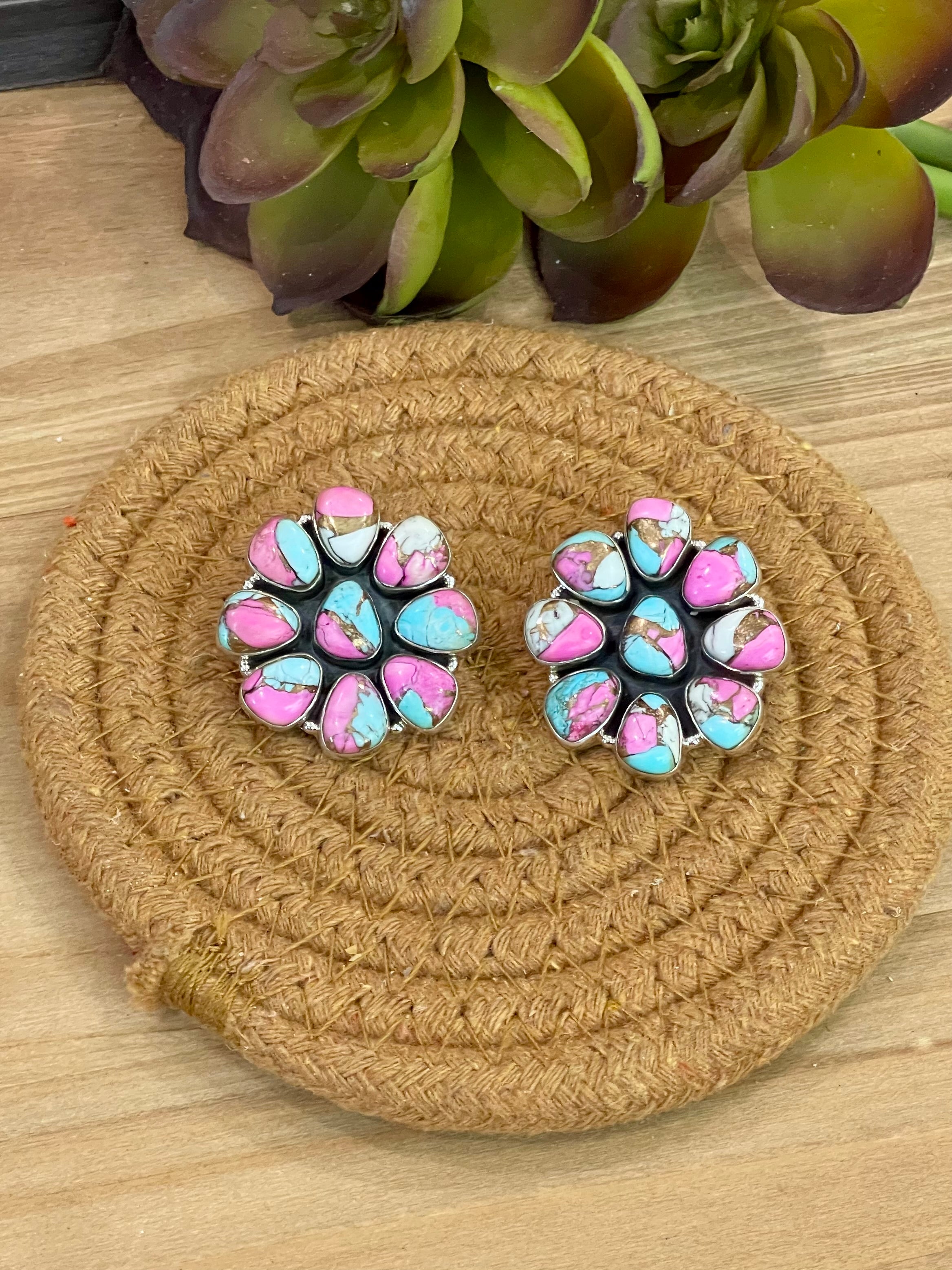 Handmade Sterling Silver Cotton Candy Turquoise Post Earrings with Signed Nizhoni